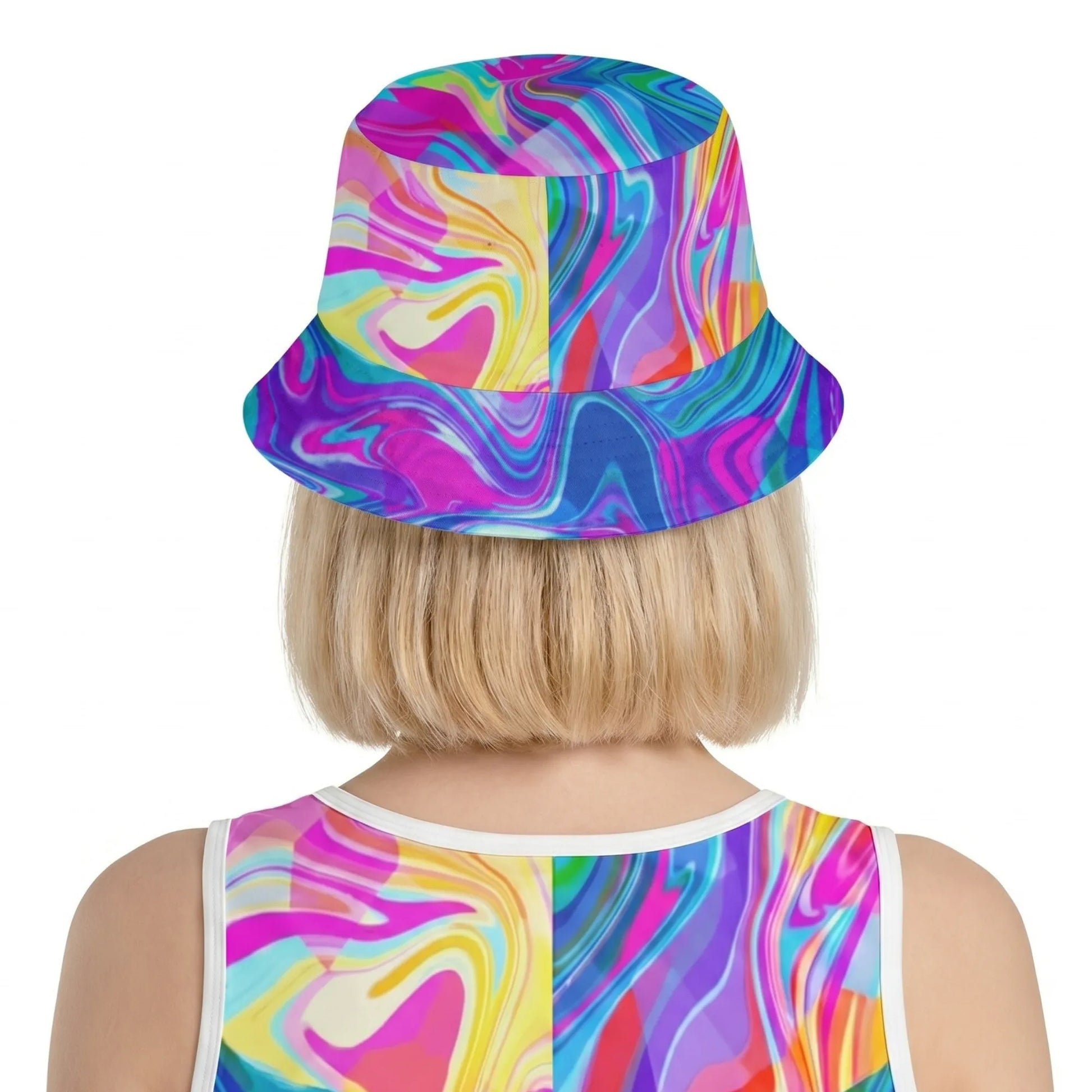 Back view of the Psychedelic Swirl Rave Bucket Hat worn by a model, showcasing the continuous vibrant liquid marble design on the headwear and matching top