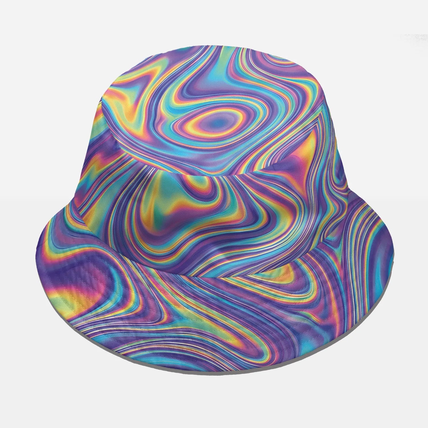 Vibrant trippy swirl rave bucket hat featuring a psychedelic liquid marble pattern in neon purple, blue, and yellow for lightweight festival headwear.
