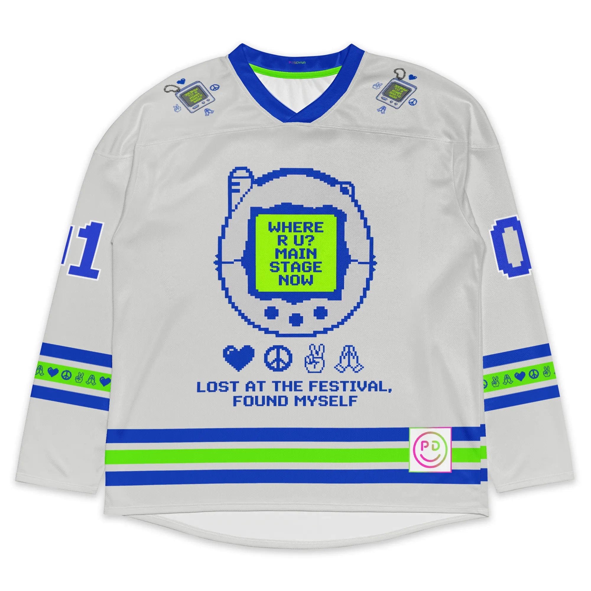 Front flat lay of a cute pink rave hockey jersey displaying a nostalgic 8-bit virtual pet graphic that reads "WHERE R U? MAIN STAGE NOW"