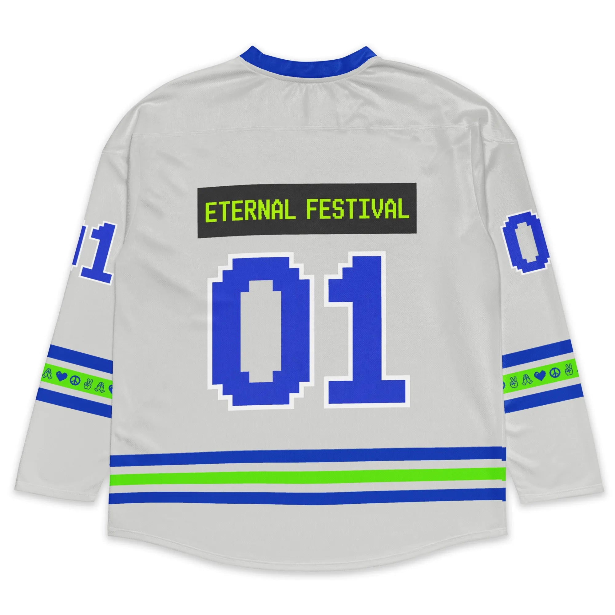 Back view of a cute pink rave hockey jersey featuring the pixelated text "ETERNAL FESTIVAL" above a large blocky number "01"