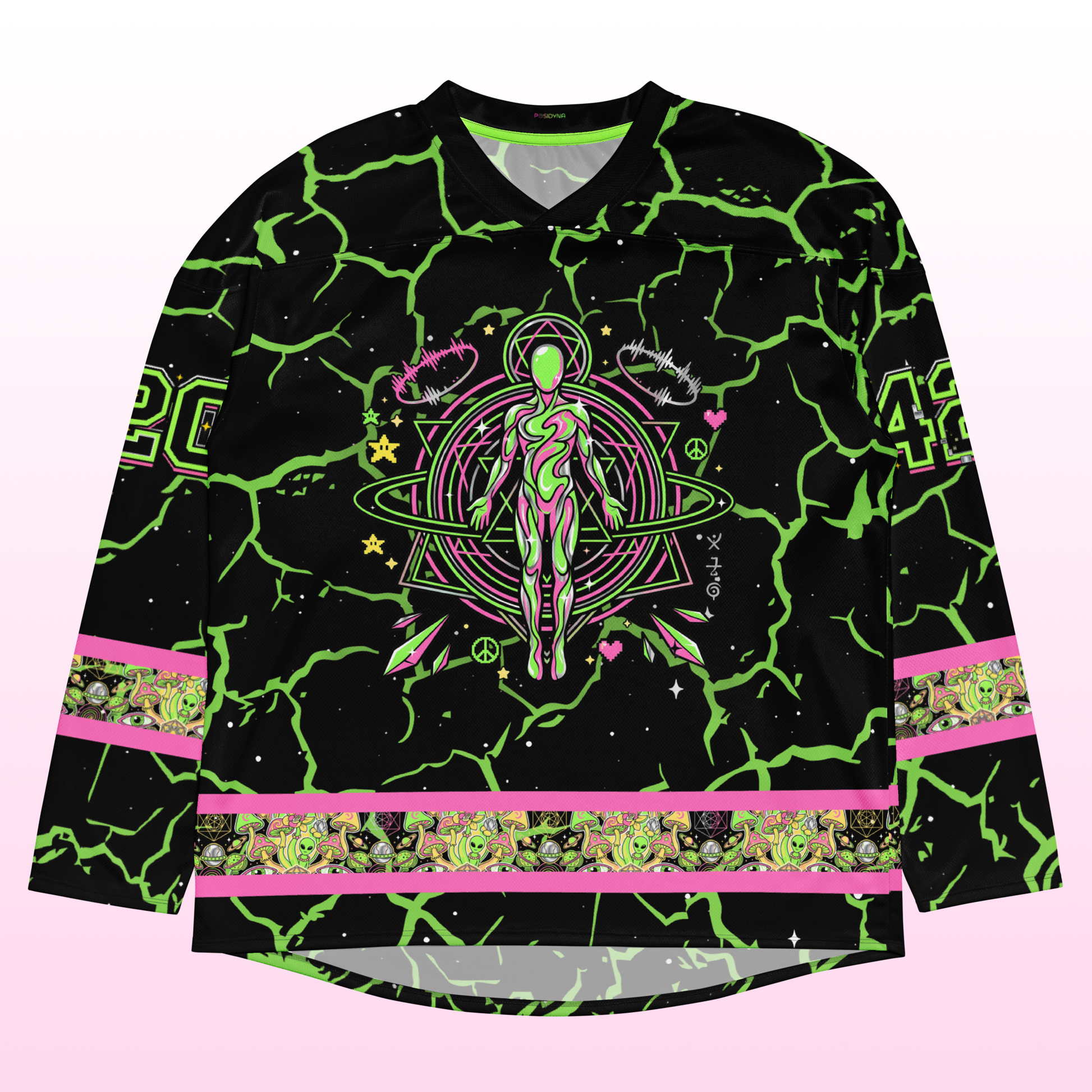 Front view of the black EDM festival shirt with a psychedelic neon alien mandala design and pink mushroom trim