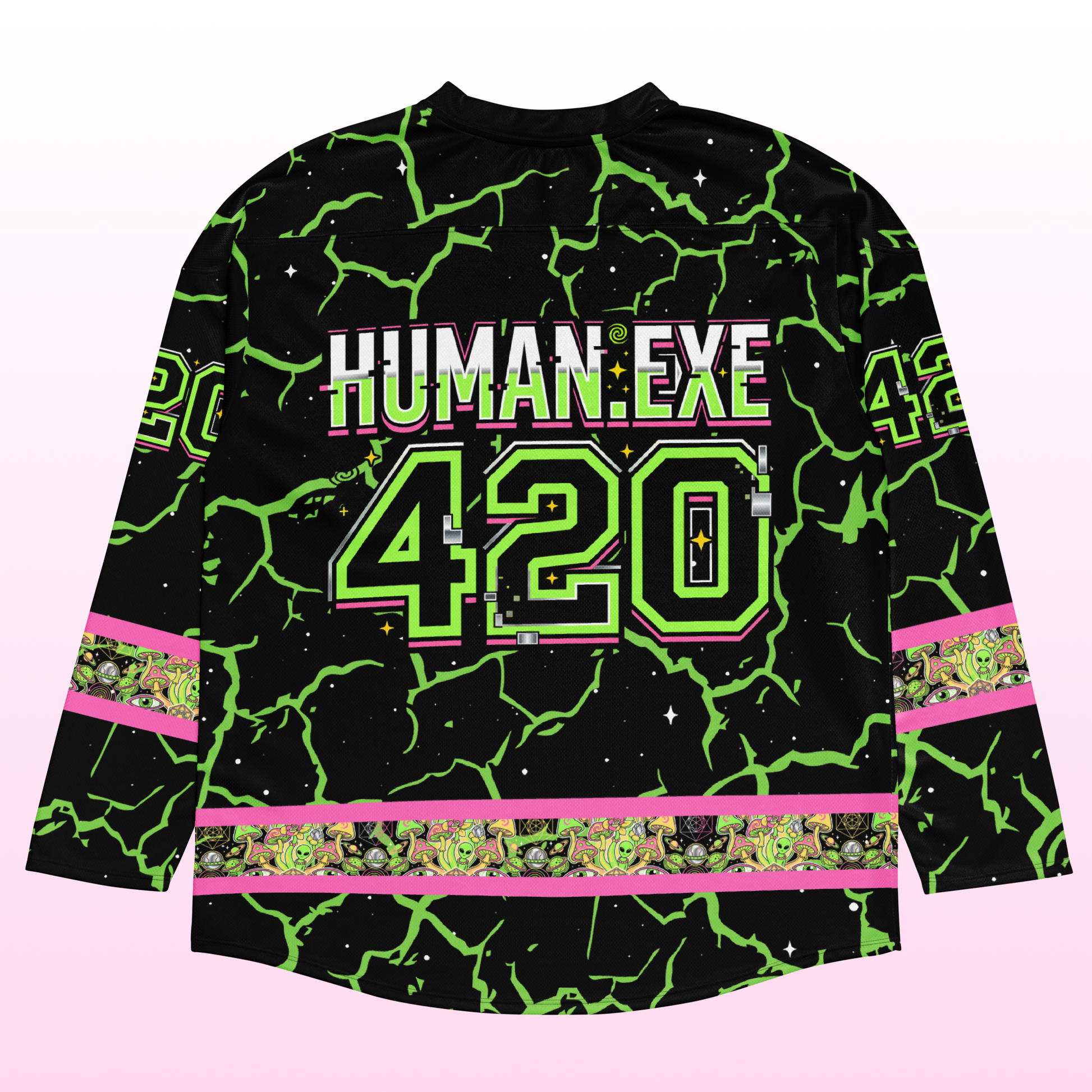 Flat lay back view of the black rave hockey jersey showing the cyberpunk Human.exe and 420 microchip design