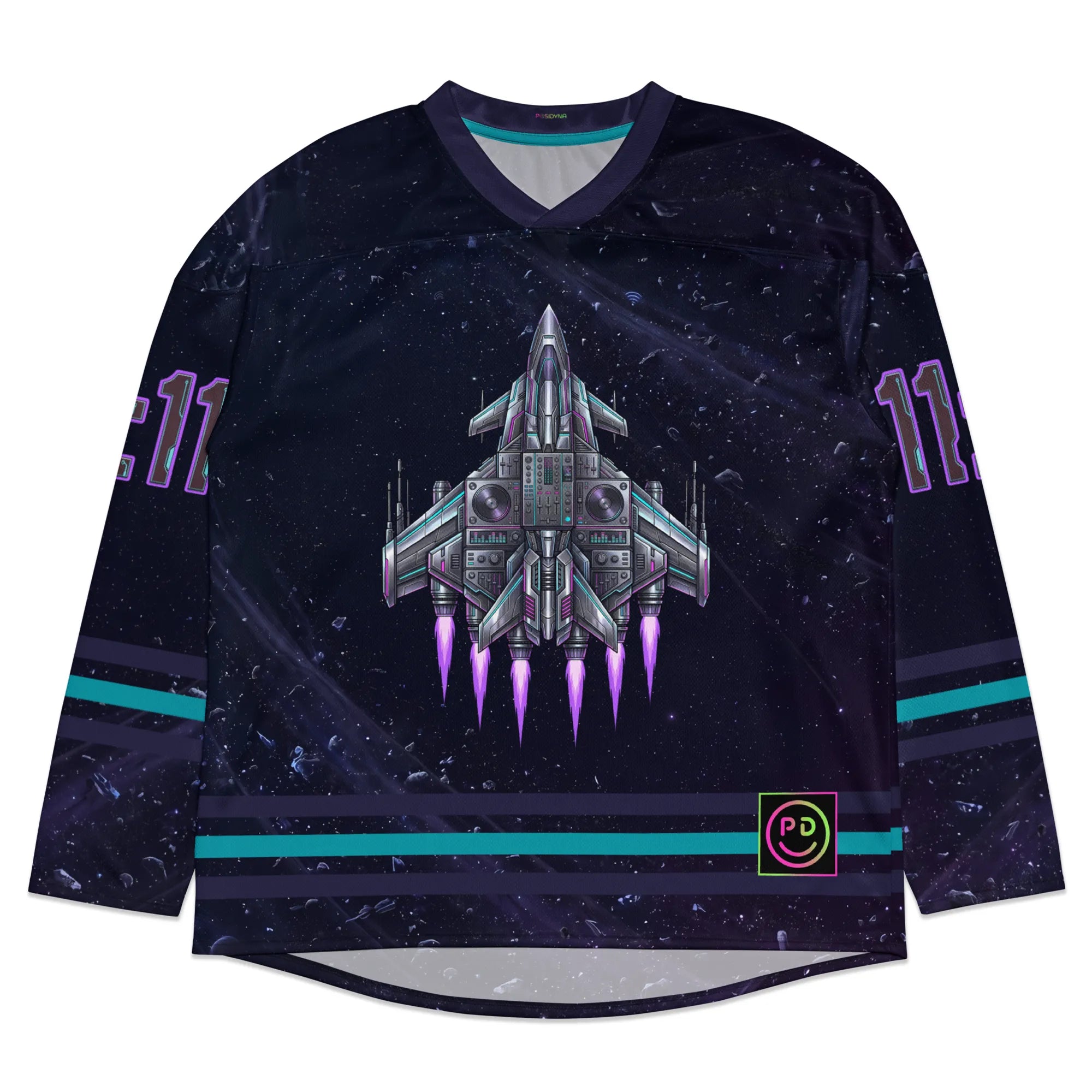 Front flat lay view of the Rave Hockey Jersey: Sweat-Proof Cosmic EDM Festival Top, highlighting the V-neck collar, neon purple thruster details on the spaceship graphic, and athletic teal waist stripes