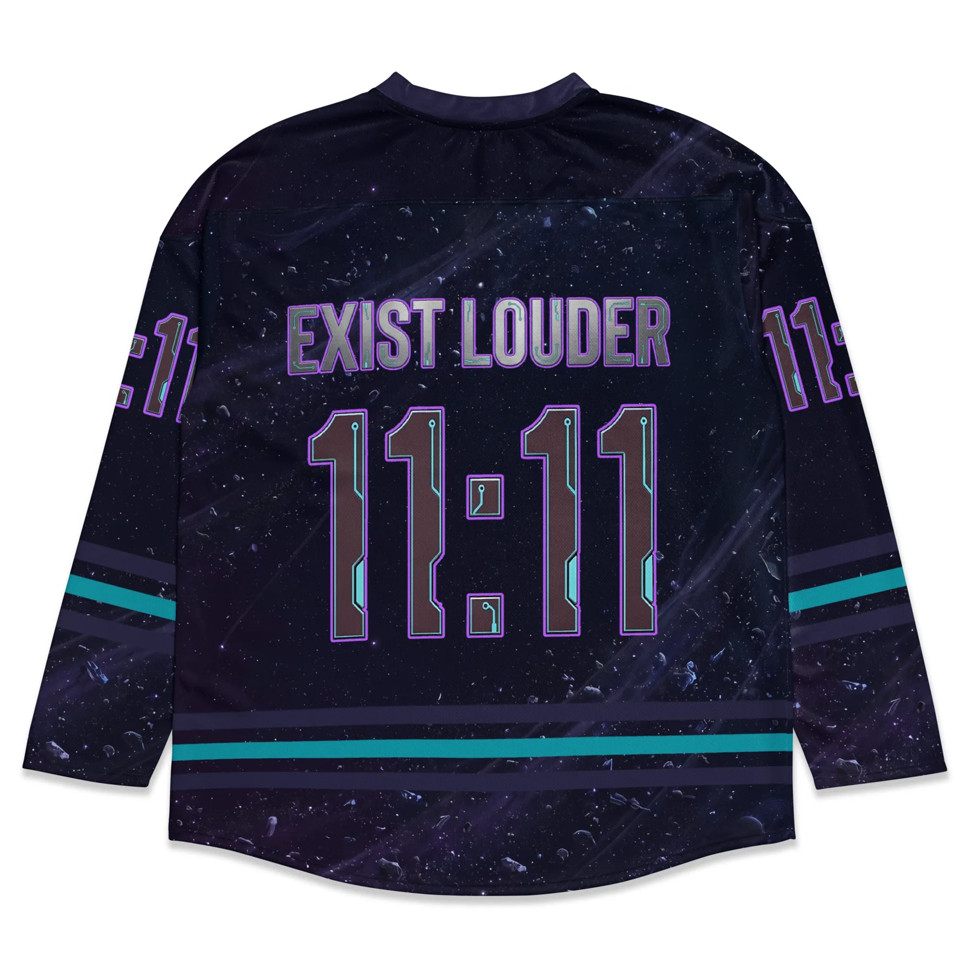 Back flat lay view of the Rave Hockey Jersey: Sweat-Proof Cosmic EDM Festival Top, detailing the digital-style typography reading EXIST LOUDER and 11:11 over a dark starry galaxy print