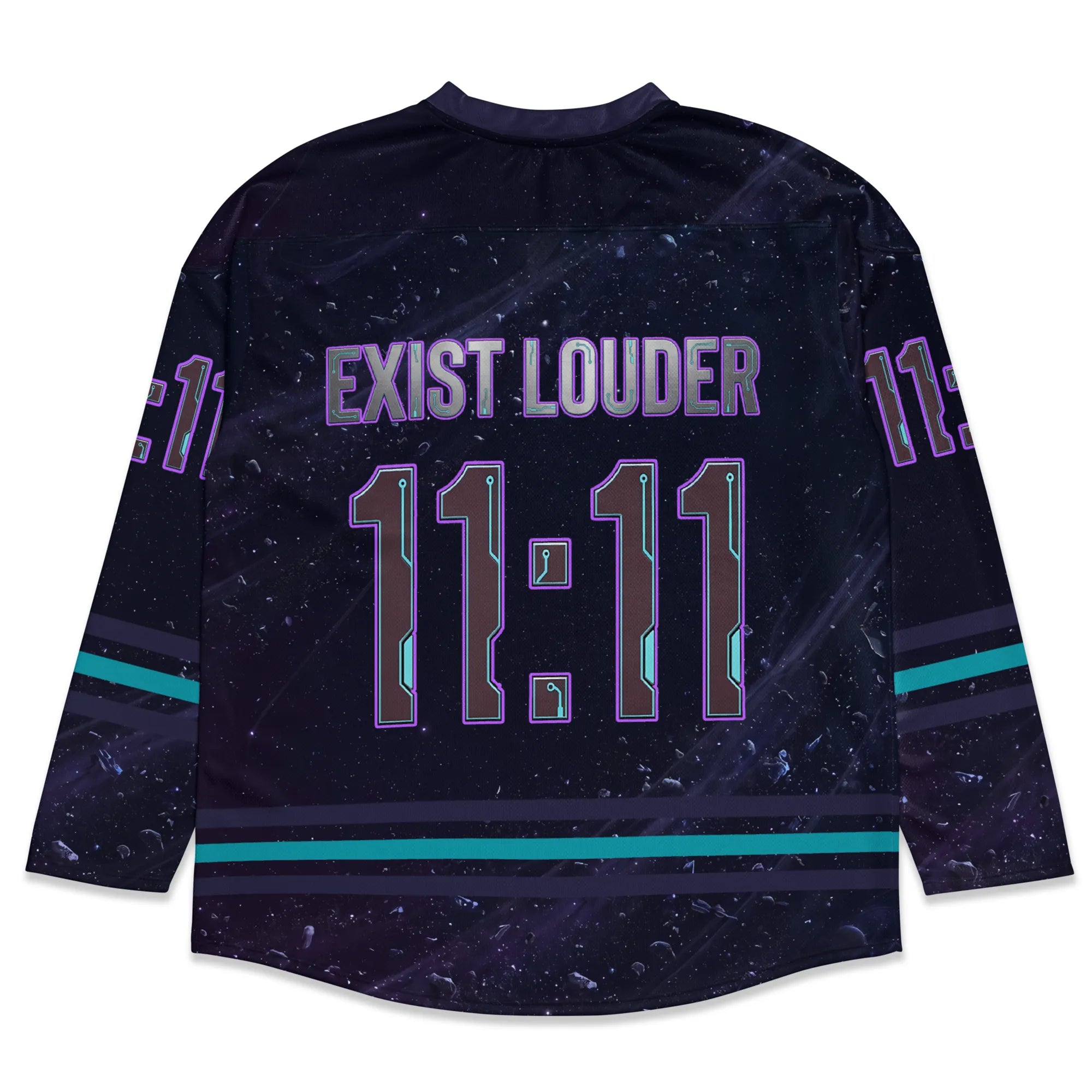 Back flat lay view of the Rave Hockey Jersey: Sweat-Proof Cosmic EDM Festival Top, detailing the digital-style typography reading EXIST LOUDER and 11:11 over a dark starry galaxy print