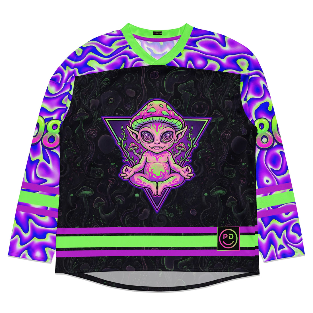 Woman outdoors wearing a black oversized rave hockey jersey featuring a neon green and purple trippy alien mushroom graphic and wavy liquid sleeve patterns