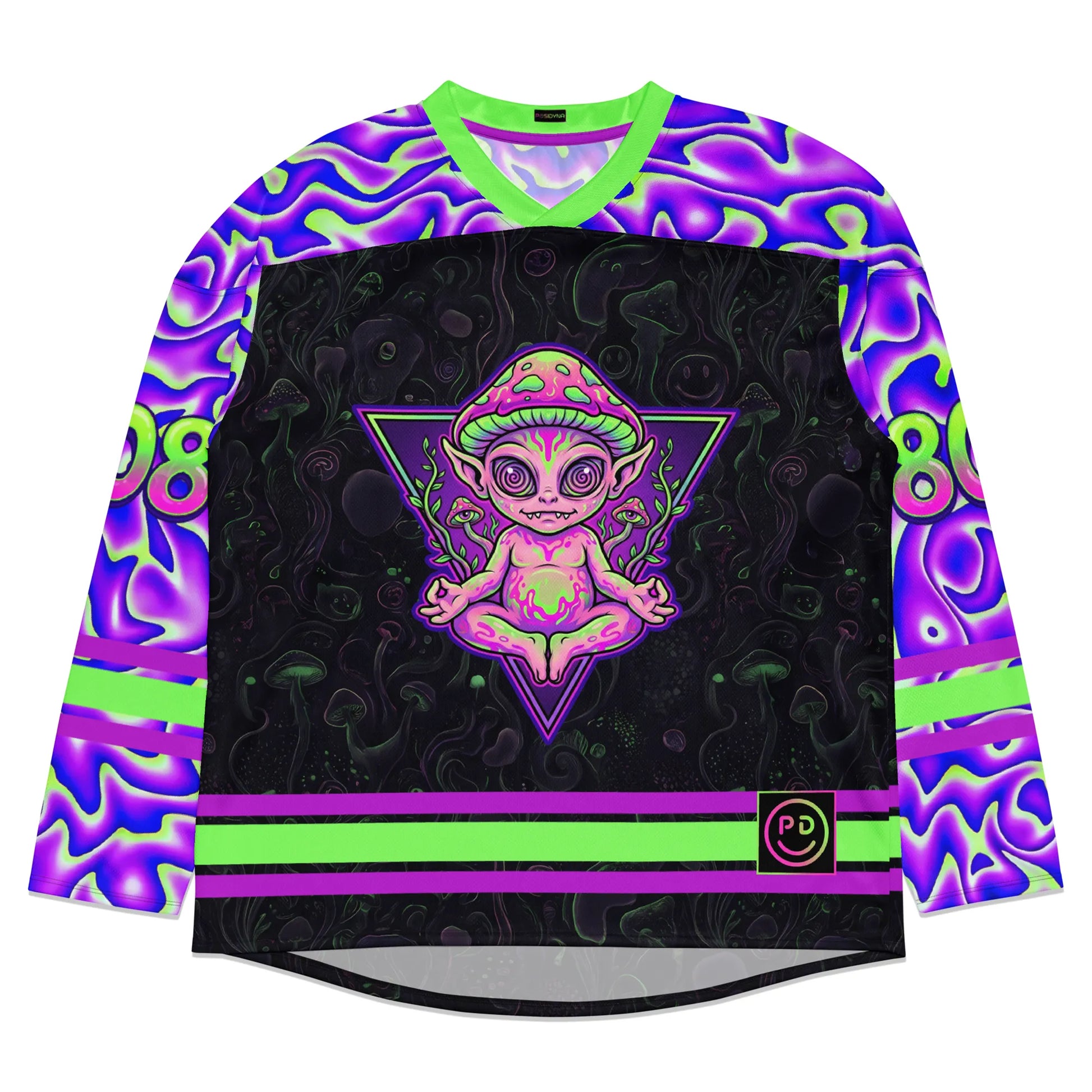 Front view of a long-sleeve black rave hockey jersey with a meditating neon pink and green alien mushroom design inside a geometric triangle, surrounded by purple psychedelic sleeves