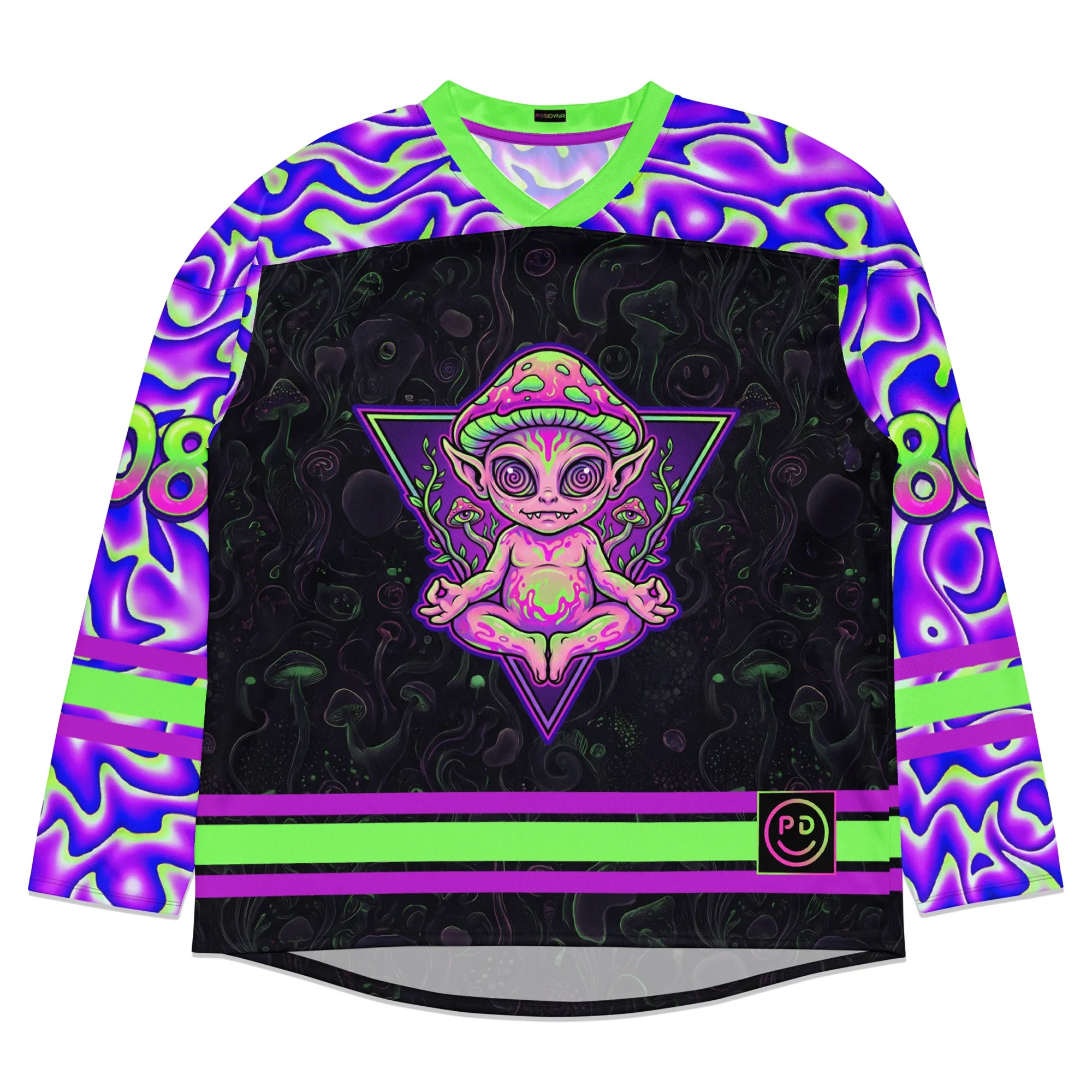 Front view of a long-sleeve black rave hockey jersey with a meditating neon pink and green alien mushroom design inside a geometric triangle, surrounded by purple psychedelic sleeves