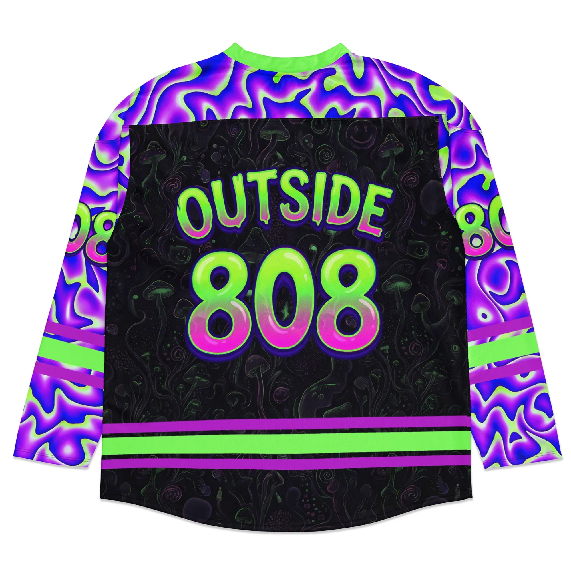 Back of a black EDM festival rave hockey jersey displaying the text OUTSIDE 808 in large neon green and pink bubble letters, with bright green horizontal hem stripes