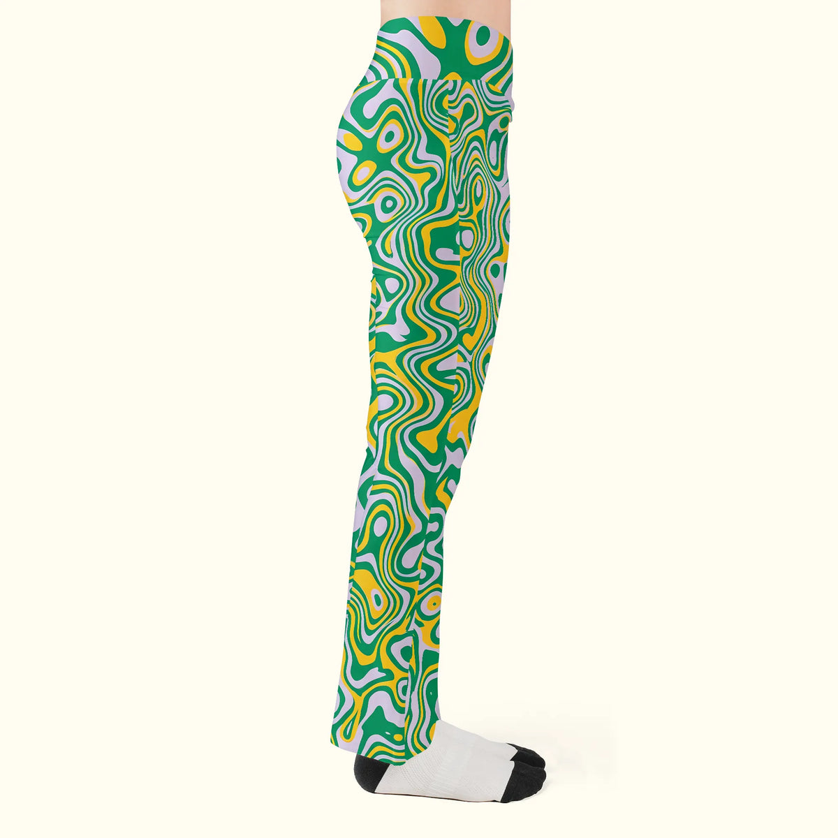 Right side view of women's rave flare bottoms, displaying the continuous liquid marbling design of the trippy leggings.