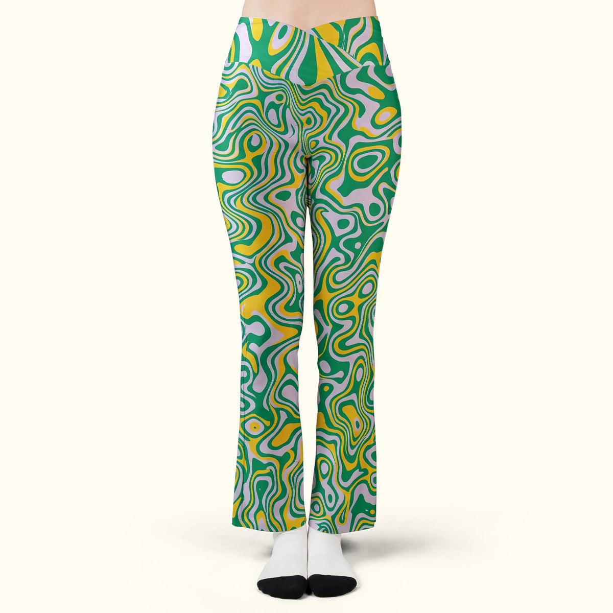 Front view of trippy flare bottoms for women, showcasing a high crossover V-waist and psychedelic rave leggings print.