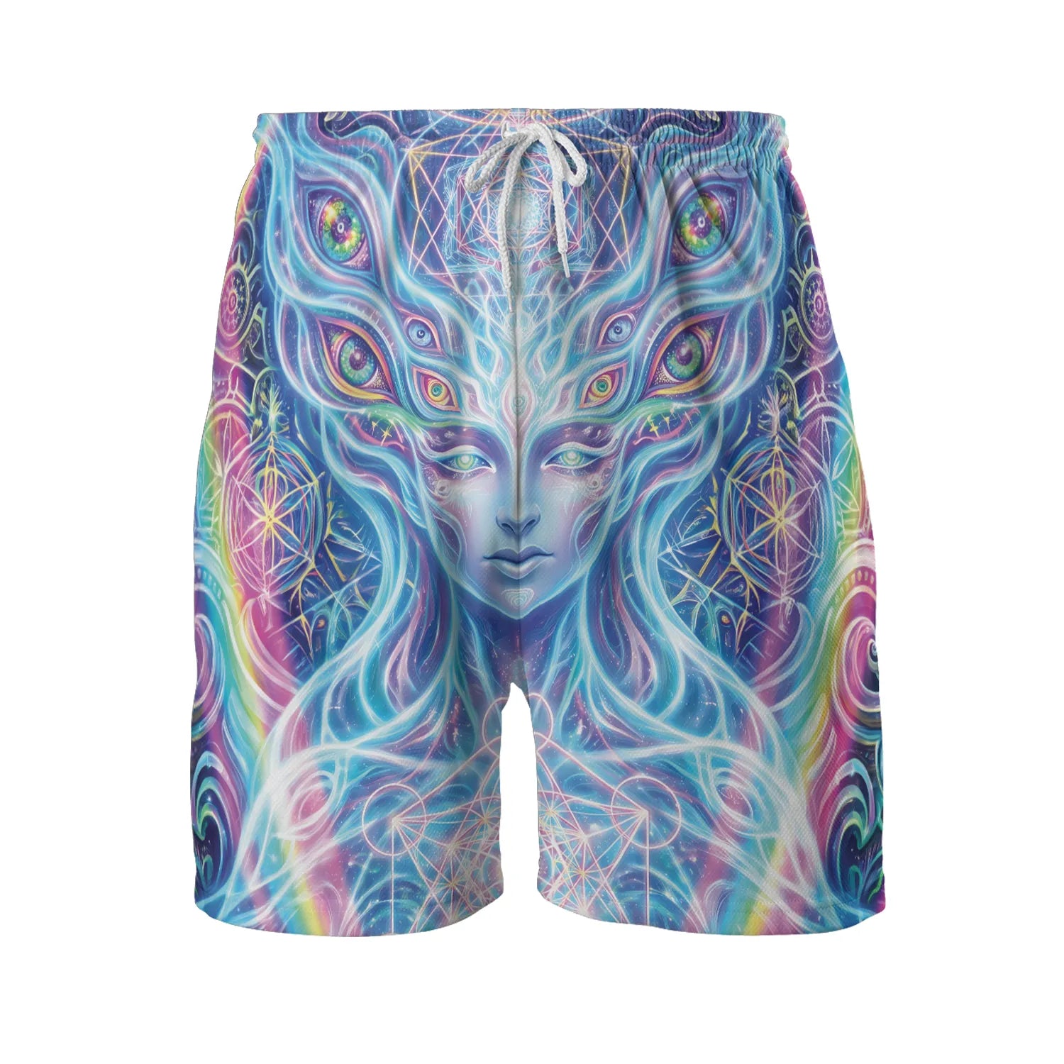 Front flat lay of Rave Shorts Men Trippy Mesh with Pockets highlighting the adjustable drawstring and neon sacred geometry print.