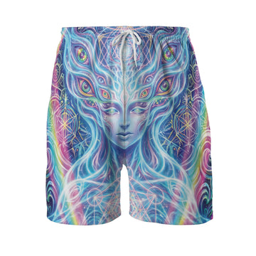 Front flat lay of Rave Shorts Men Trippy Mesh with Pockets highlighting the adjustable drawstring and neon sacred geometry print.