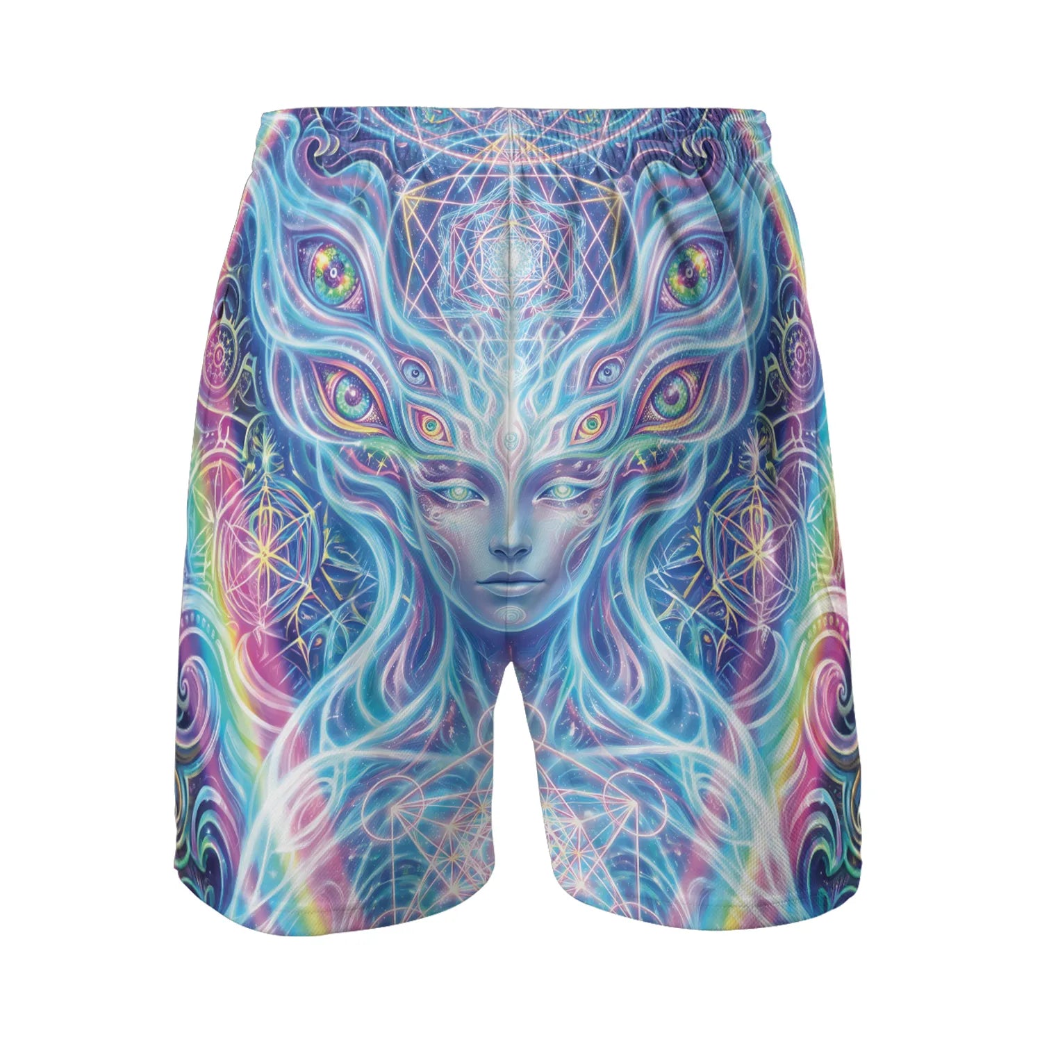Back view of Rave Shorts Men Trippy Mesh with Pockets displaying a vibrant blue and purple psychedelic multi-eyed face design.