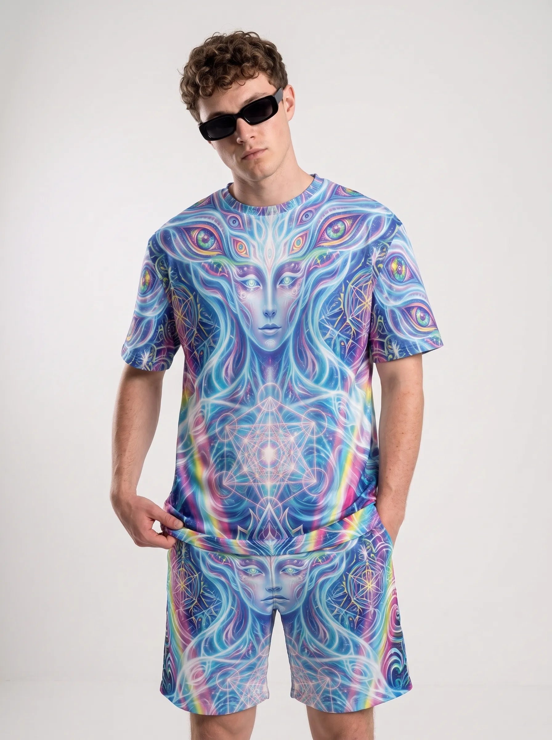 Front view of a guy wearing Rave Shorts Men Trippy Mesh with Pockets and a matching visionary art t-shirt for EDM festivals.