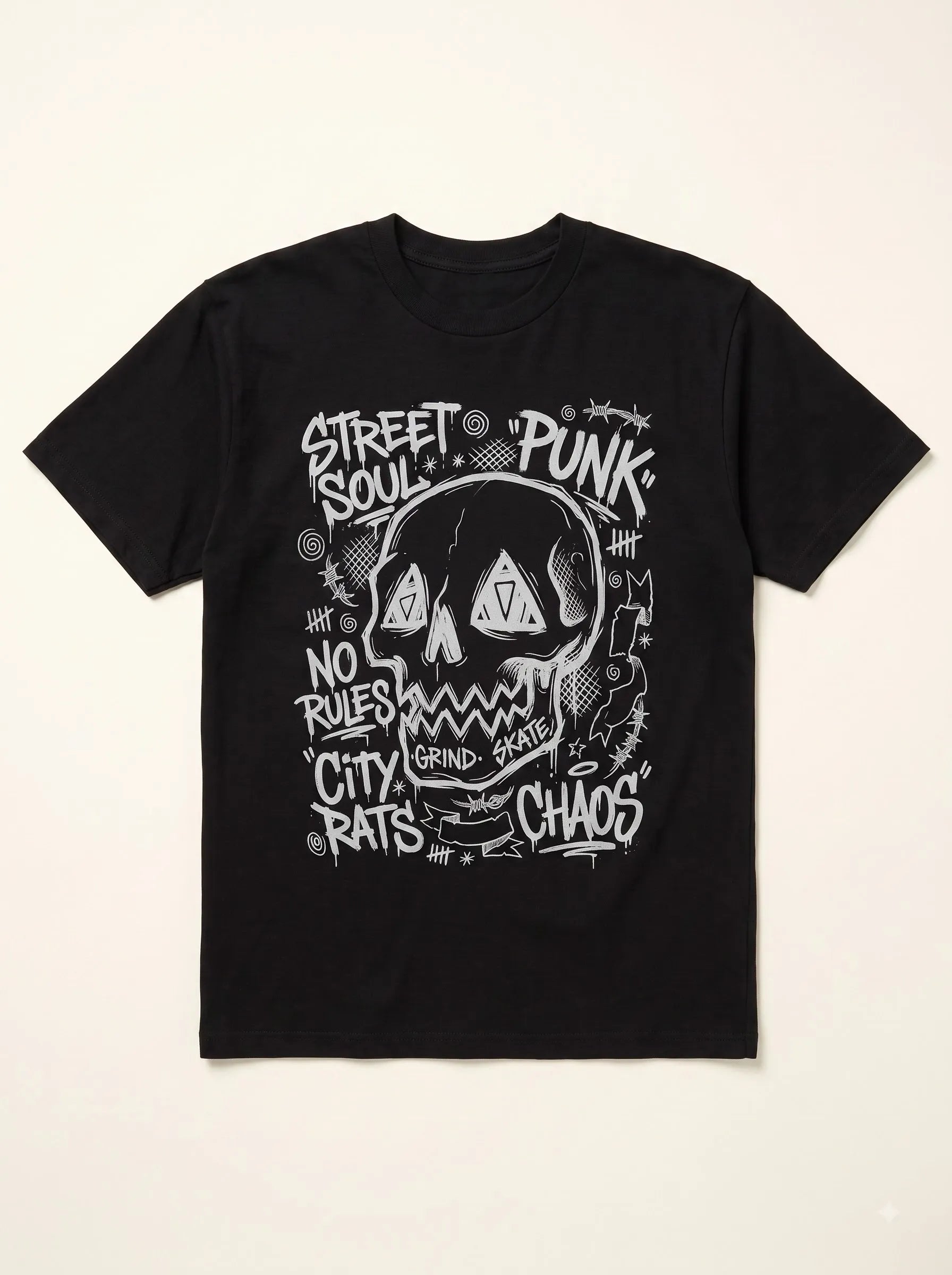Flat lay of a black cotton graphic festival clothing top displaying a high-contrast white punk skull and street soul typography.