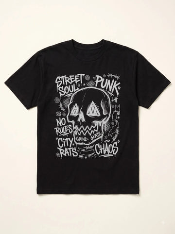 Flat lay of a black cotton graphic festival clothing top displaying a high-contrast white punk skull and street soul typography.