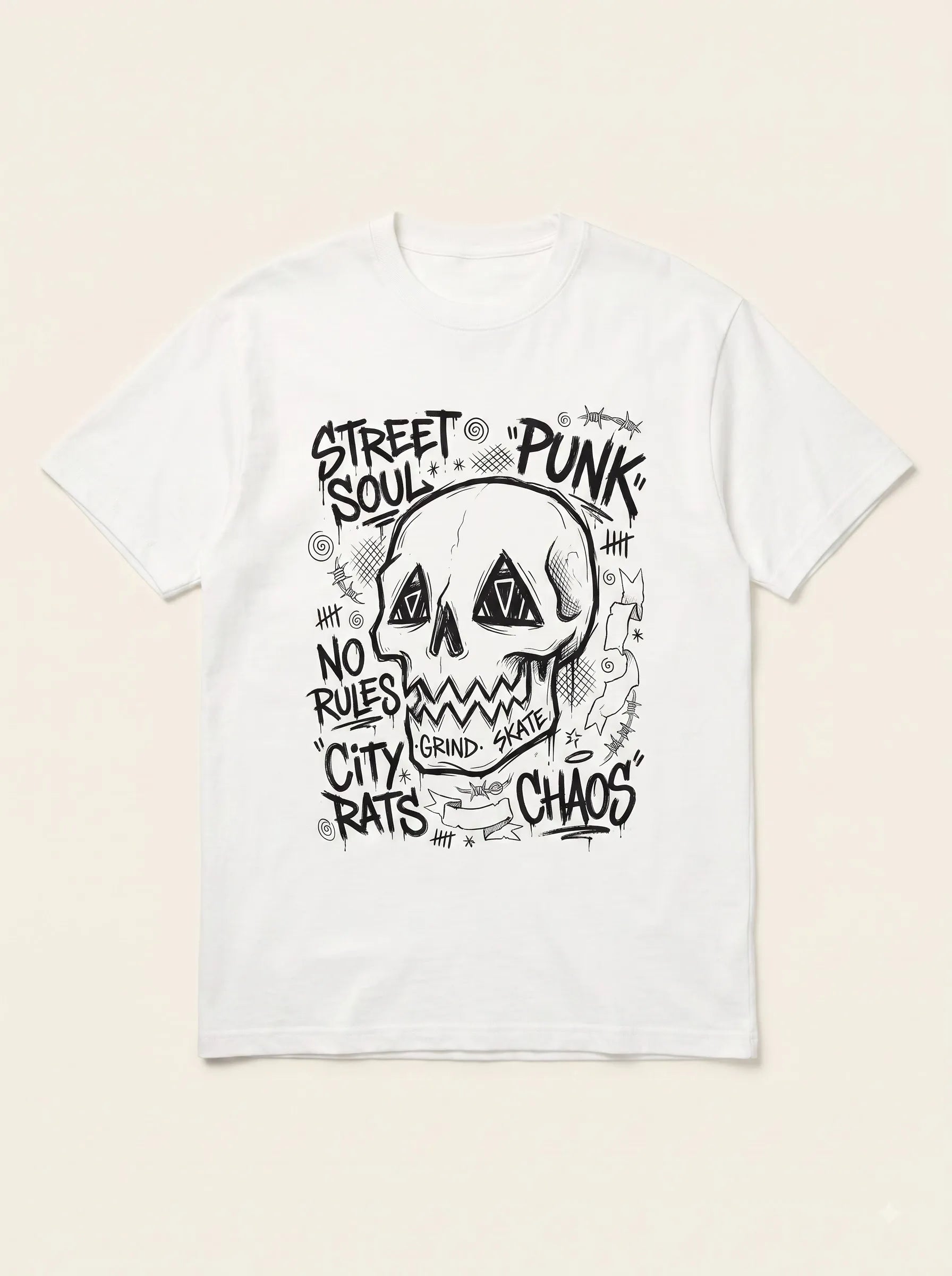 Flat lay of a white cotton rave t-shirt featuring a black punk skull design and chaotic street art text.