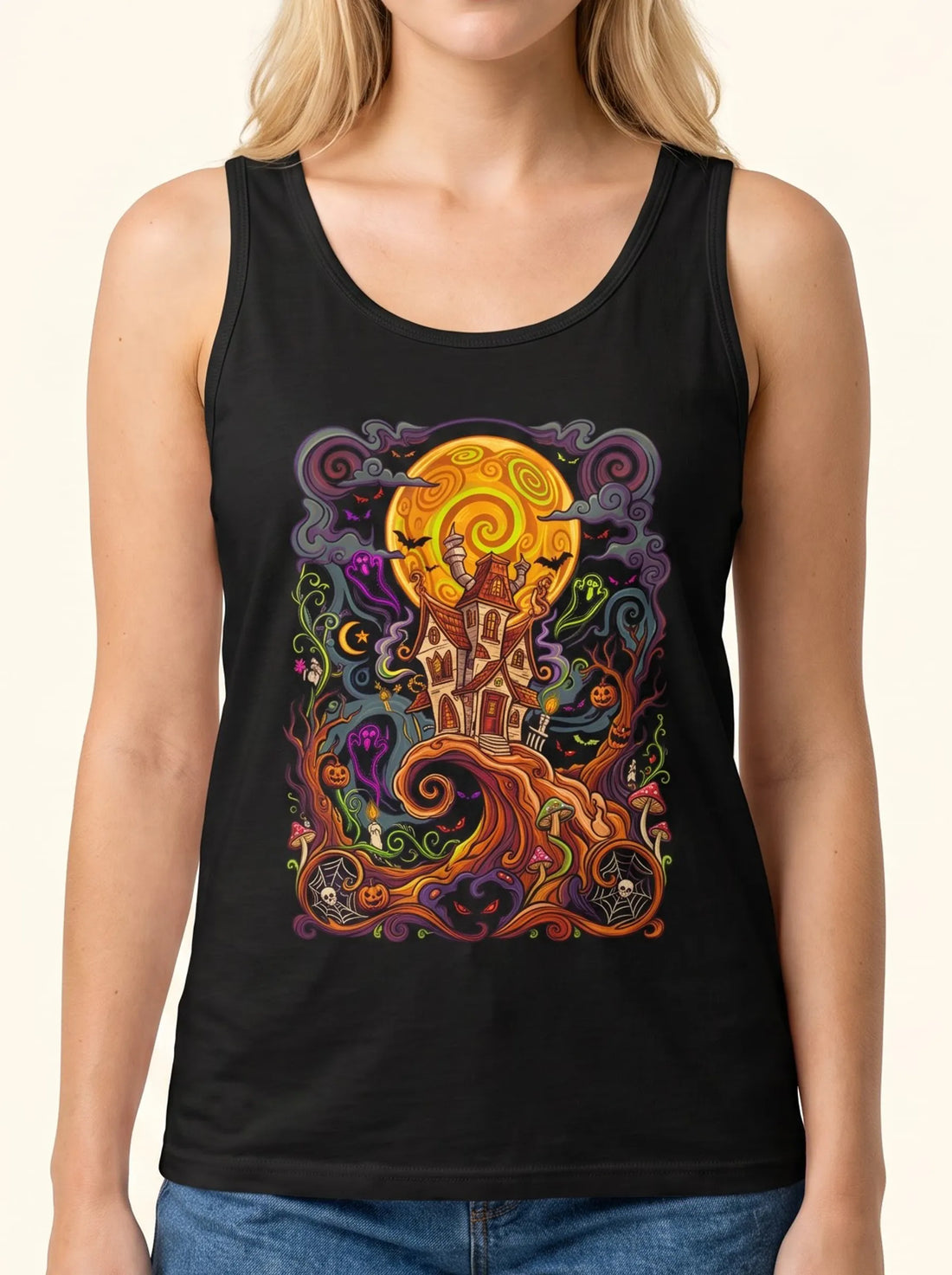 Black men's rave tank top displaying a neon trippy haunted house and ghost graphic, a breathable cotton festival outfit