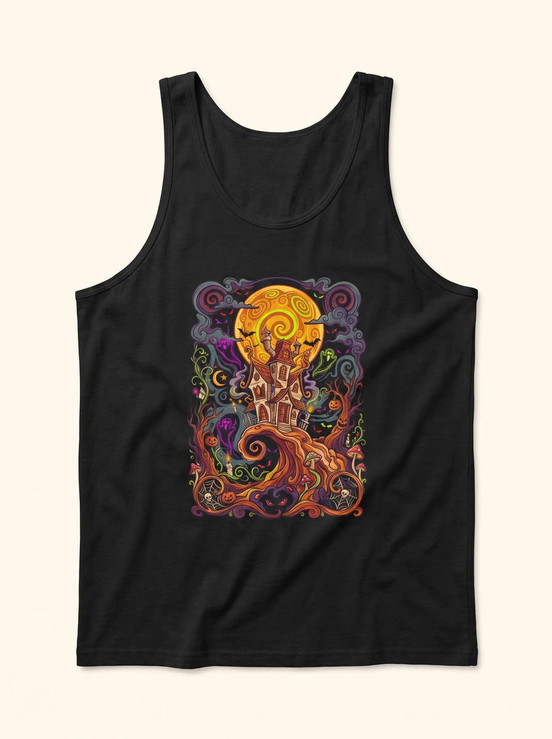 Black men's rave tank top displaying a neon trippy haunted house and ghost graphic, a breathable cotton festival outfit