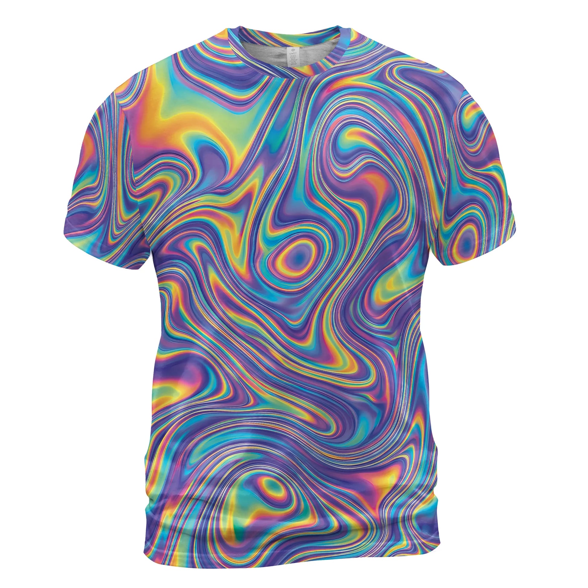 Ghost mannequin front view of the T Shirt Rave Mens Trippy Hologram Festival Top, displaying the relaxed fit and faux-holographic sublimated print
