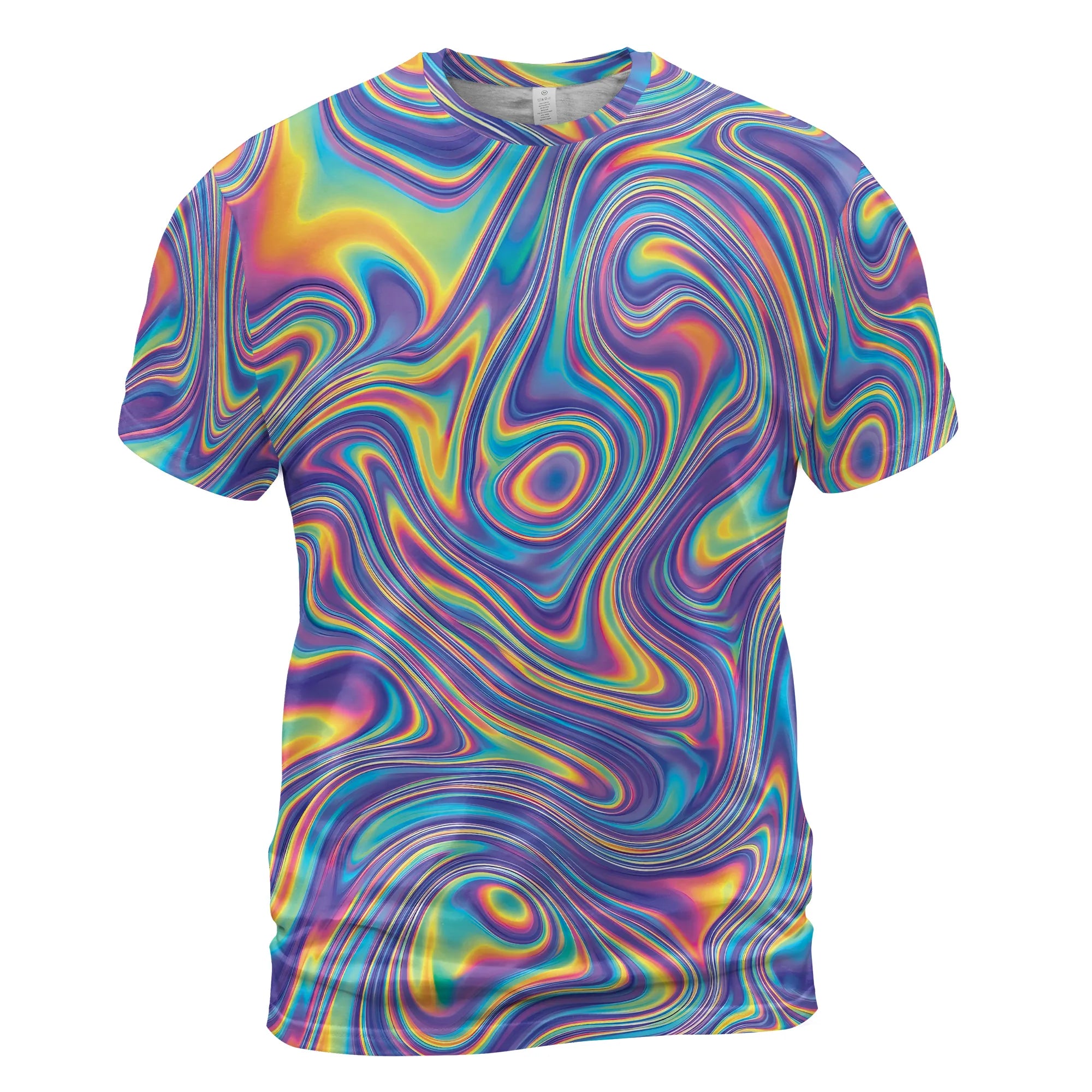 Ghost mannequin front view of the T Shirt Rave Mens Trippy Hologram Festival Top, displaying the relaxed fit and faux-holographic sublimated print