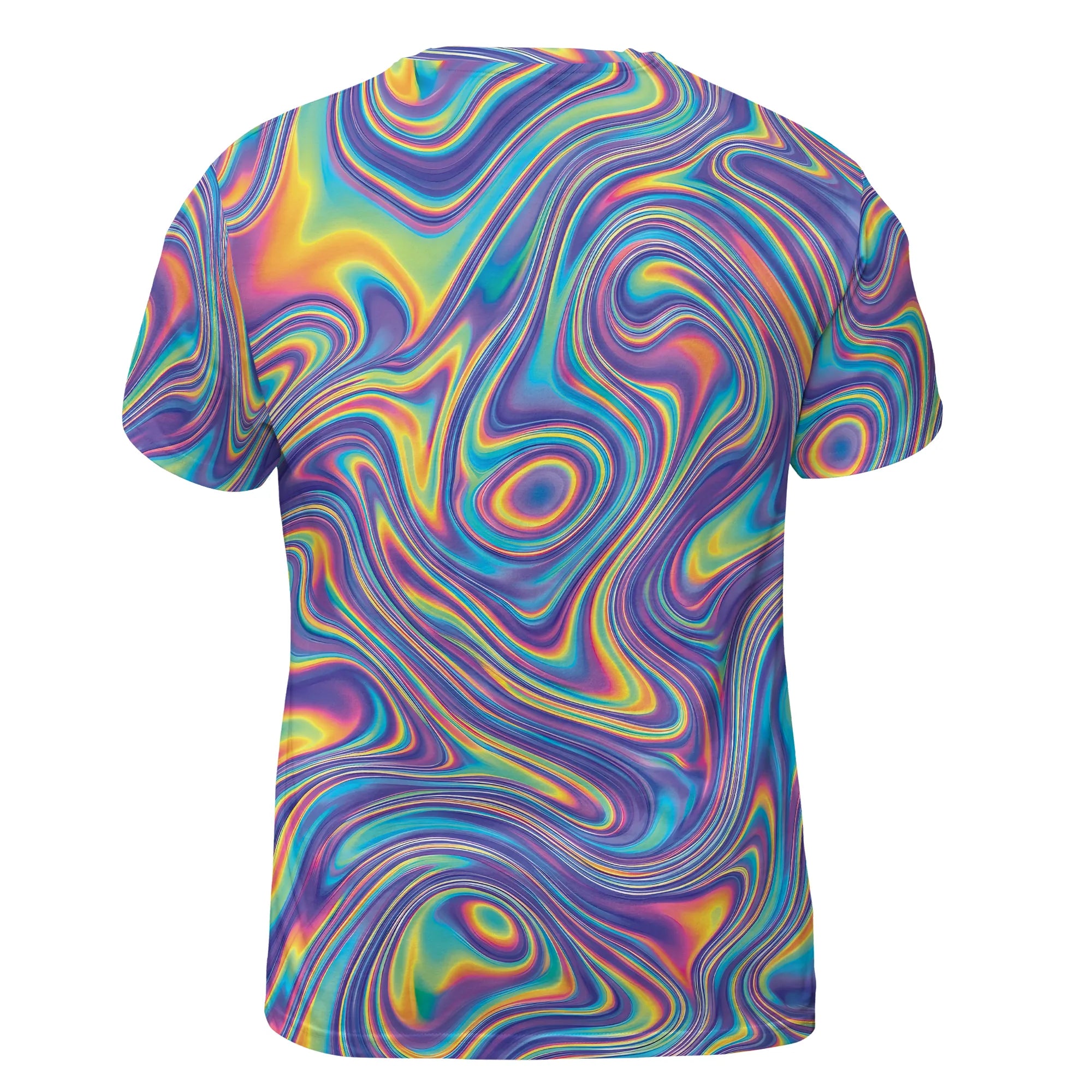 Flat lay back design of the T Shirt Rave Mens Trippy Hologram Festival Top, emphasizing the continuous trippy waves for men's festival fashion.