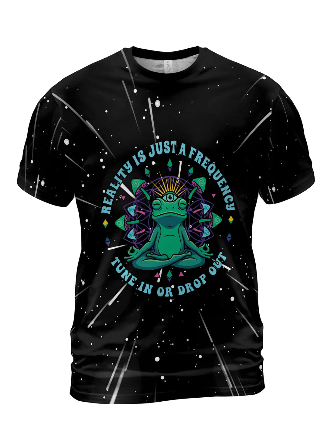 Front view of a black t shirt rave featuring a sublimated meditating trippy space frog and neon mandala graphic for mens festival outfits