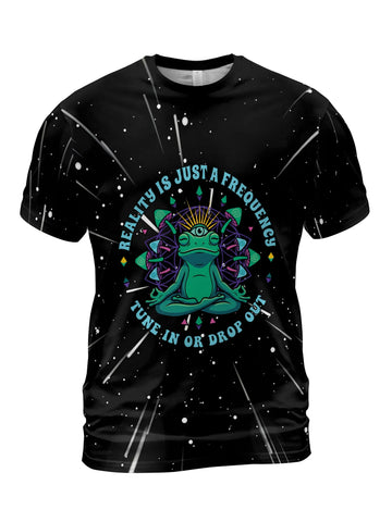 Front view of a black t shirt rave featuring a sublimated meditating trippy space frog and neon mandala graphic for mens festival outfits
