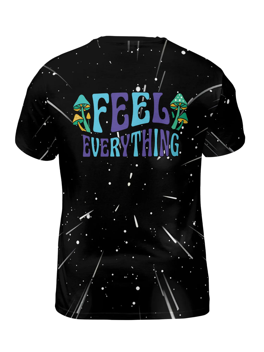 Front view of a black t shirt rave featuring a sublimated meditating trippy space frog and neon mandala graphic for mens festival outfits
