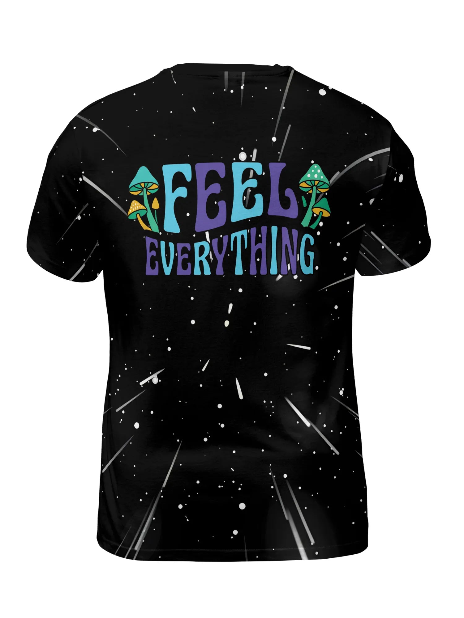 Back view of the sublimated mens festival tee showing retro Feel Everything text and psychedelic mushrooms on a black starry cosmos background.