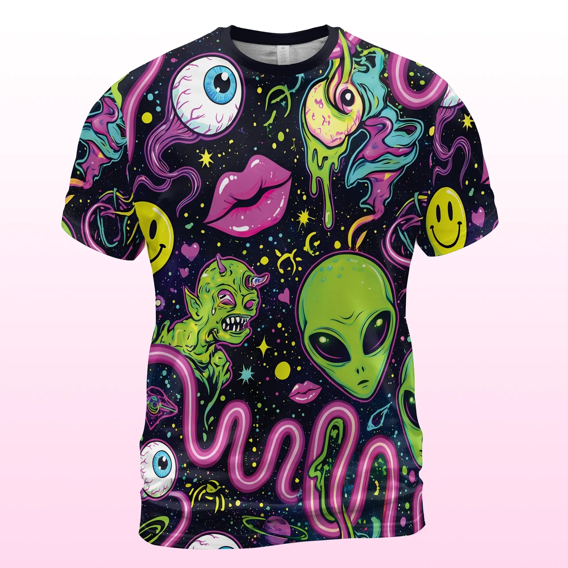 Front view of the T Shirt Rave: Trippy Alien Spandex Top, featuring vibrant neon green aliens, melting eyeballs, and floating pink lips for men's rave outfits.