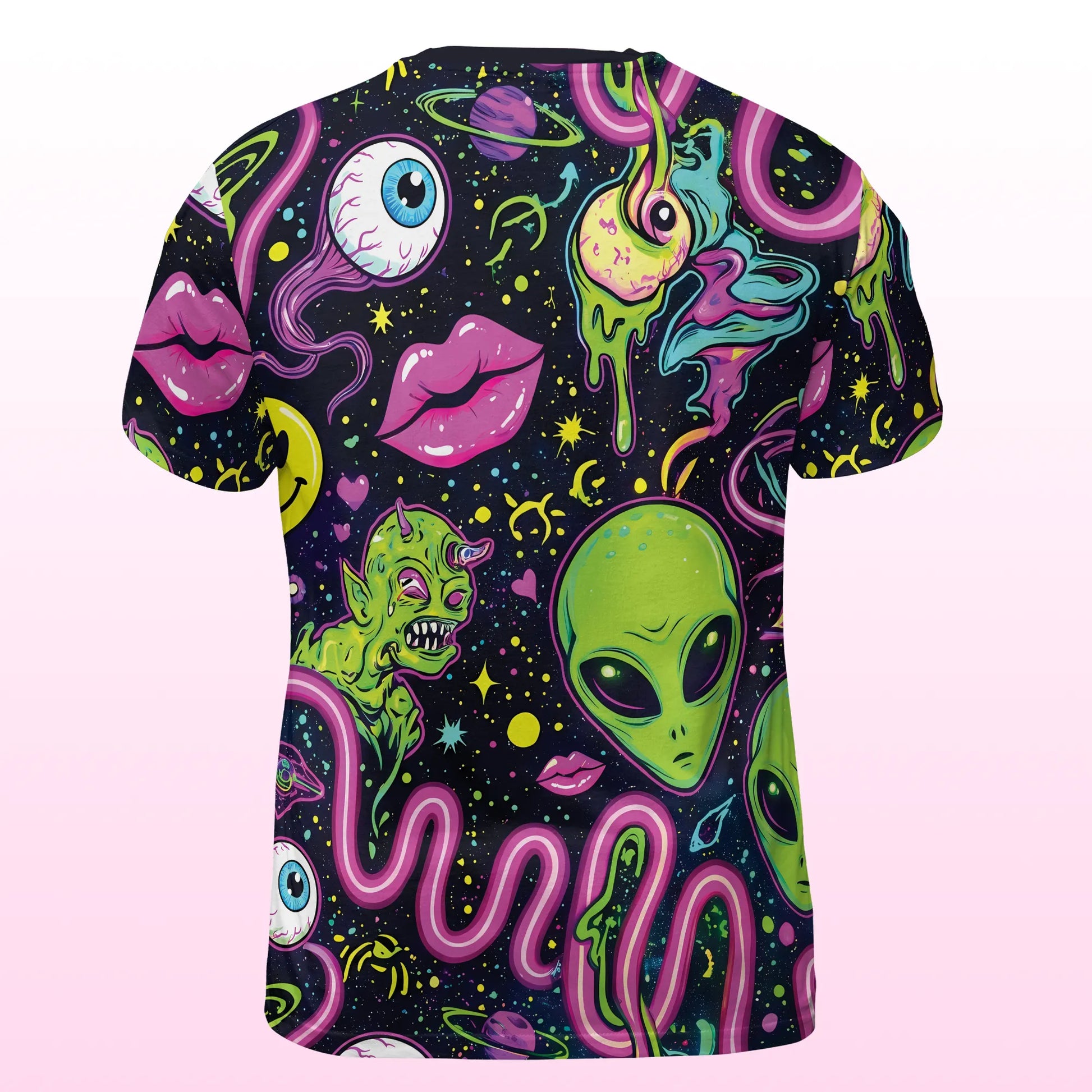 Back view of the T Shirt Rave: Trippy Alien Spandex Top, showcasing a seamless psychedelic neon space pattern, perfect for rave outfits men.