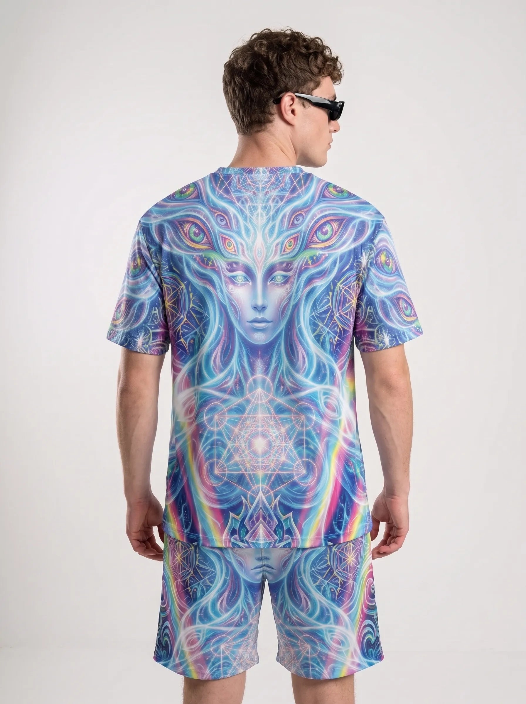 Back view of a male model wearing the vibrant T Shirt Rave Trippy Festival Shirt for Guys and matching bottoms.