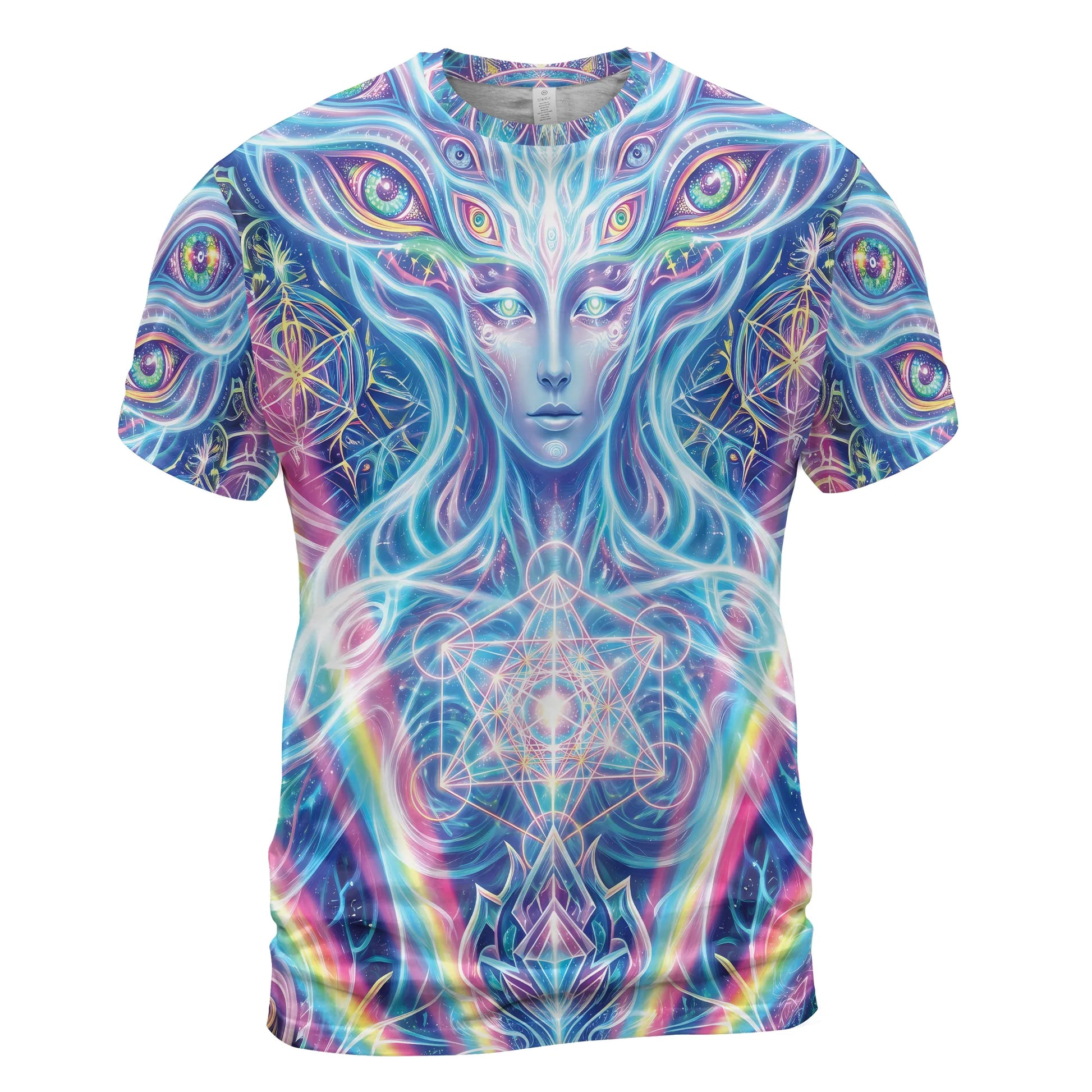 Front view of a neon blue T Shirt Rave featuring a trippy festival alien and sacred geometry design for guys.