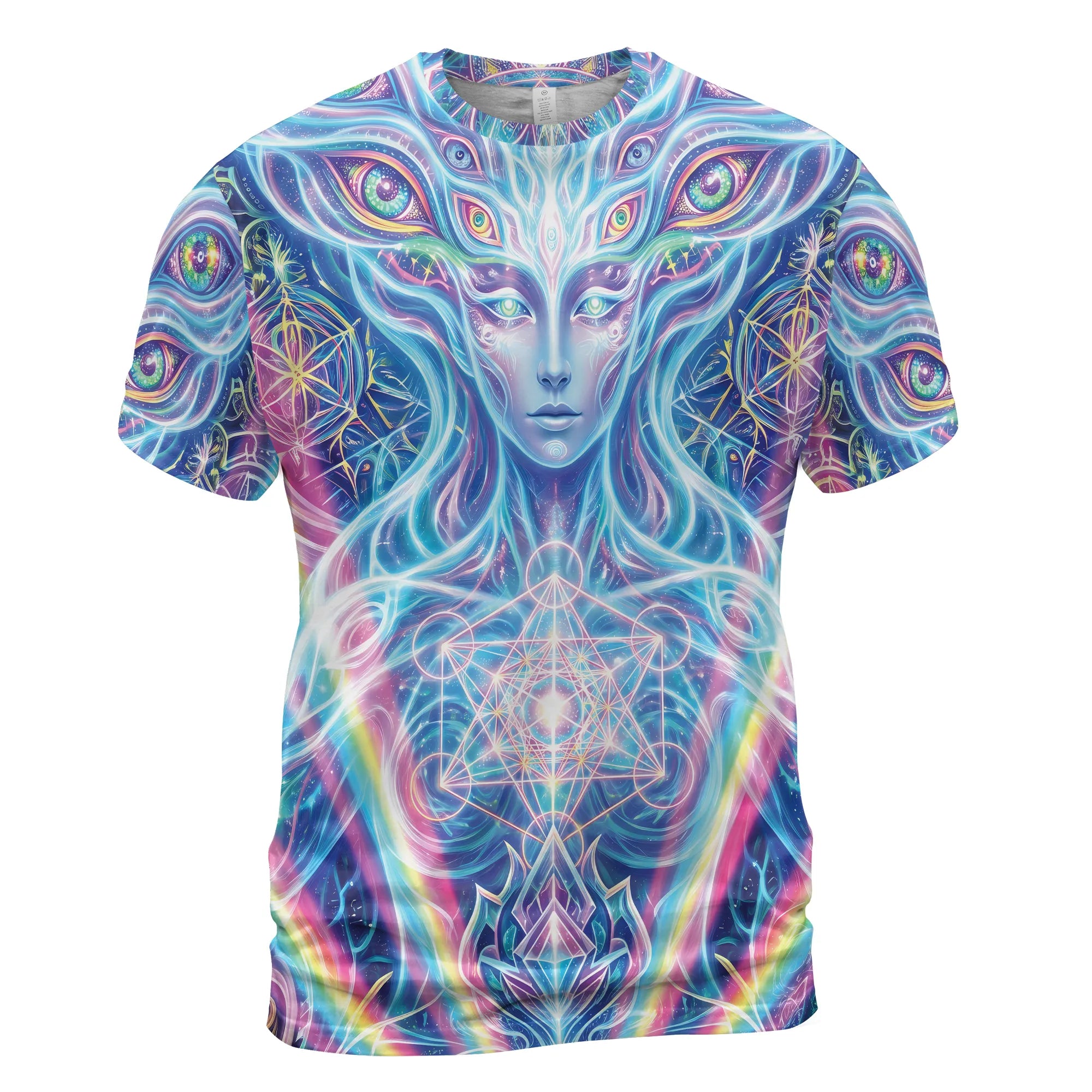 Front view of a neon blue T Shirt Rave featuring a trippy festival alien and sacred geometry design for guys.