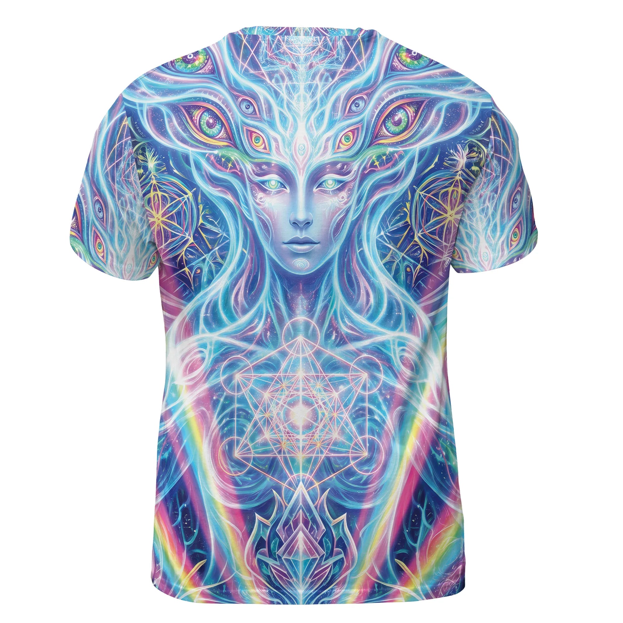 Back view of the T Shirt Rave Trippy Festival Shirt for Guys displaying a seamless psychedelic optical illusion print.