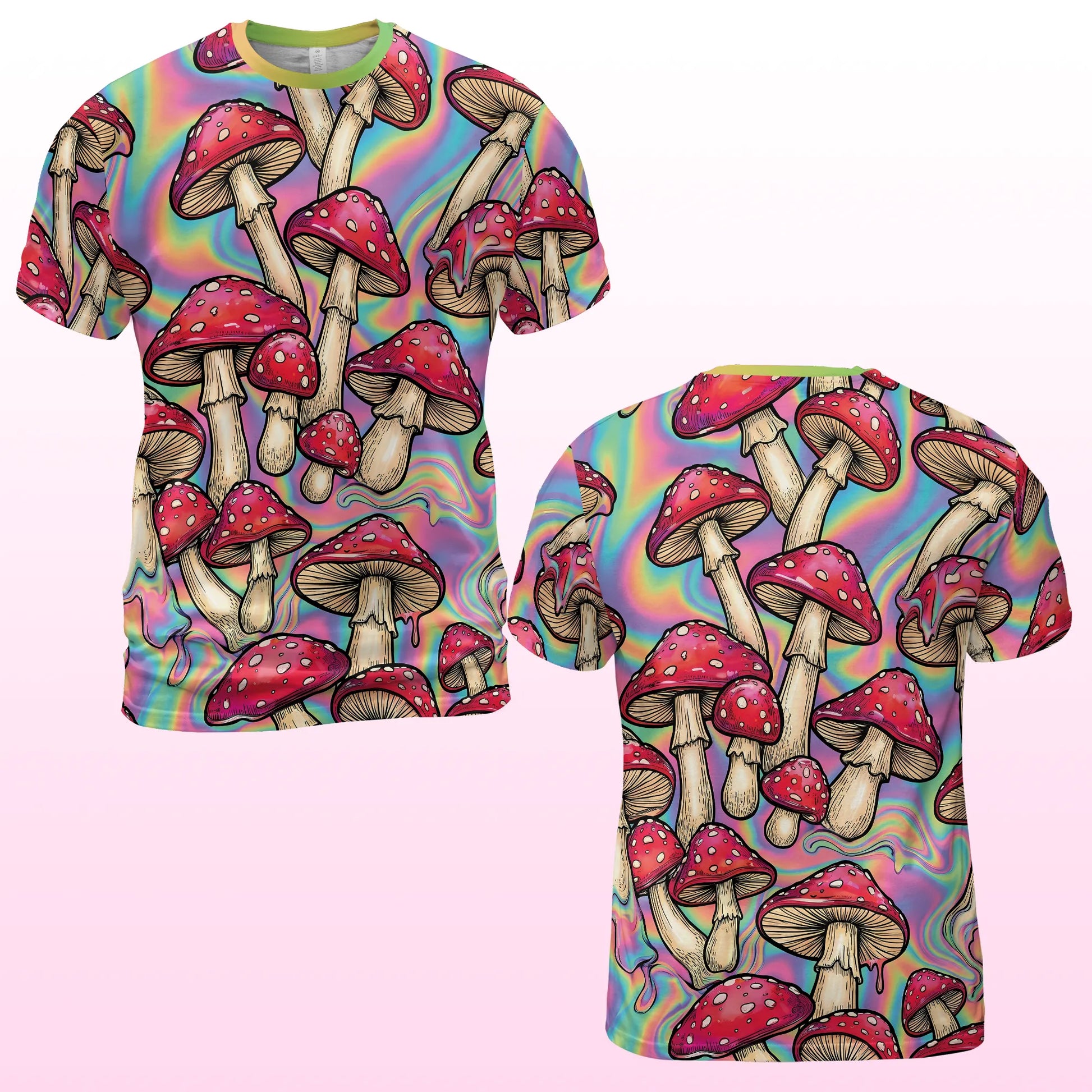 Front and back of the fade-proof t shirt rave top displaying red mushrooms for EDM festival outfits
