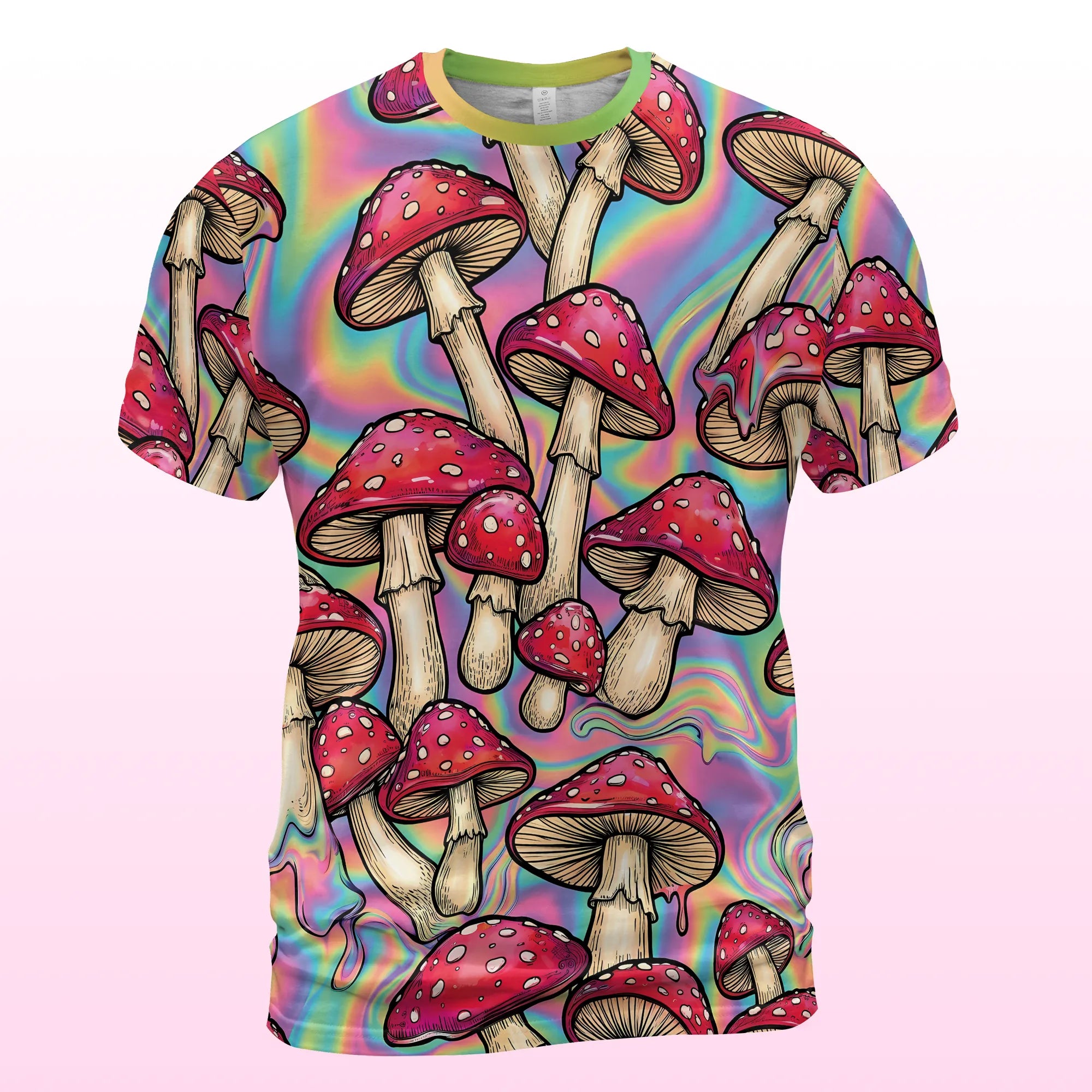 Front view of the T Shirt Rave Trippy Mushroom Fade-Proof Tee featuring an all-over psychedelic print