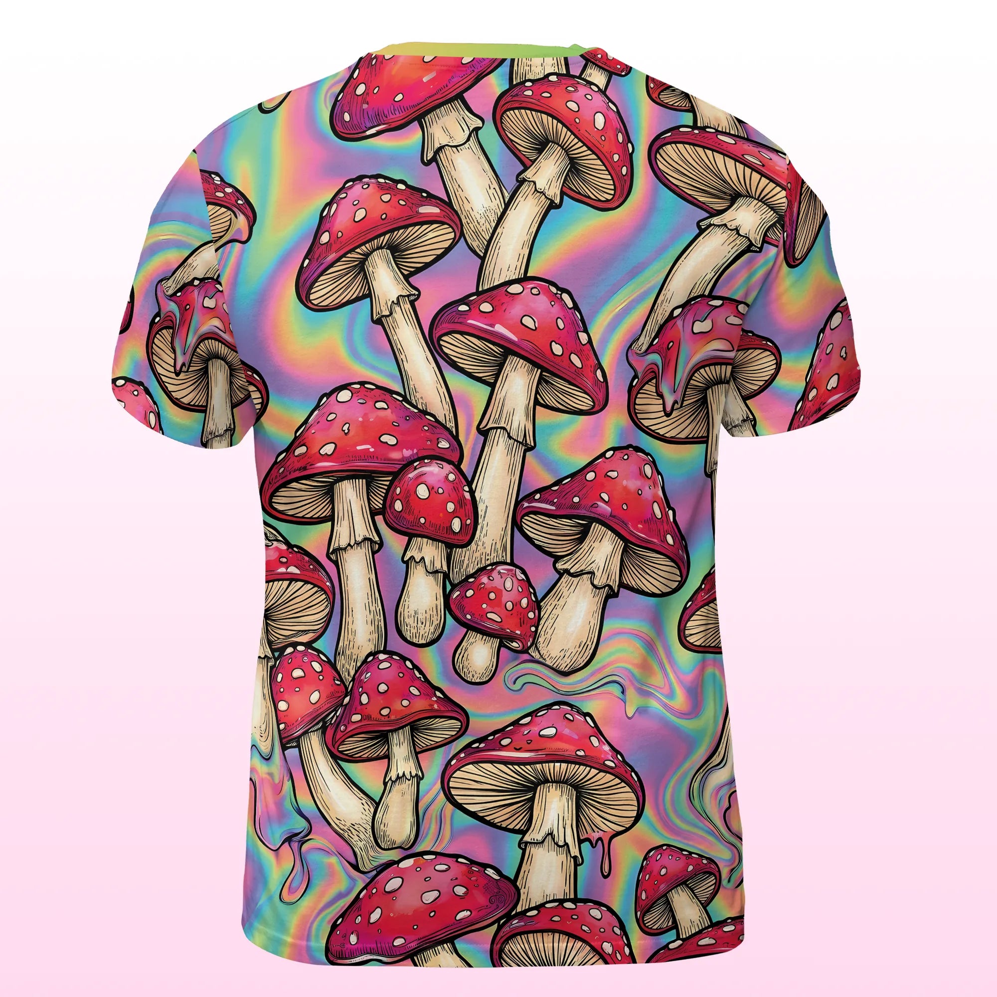 Back view of the mens trippy mushroom rave outfit t-shirt with vivid holographic wave patterns