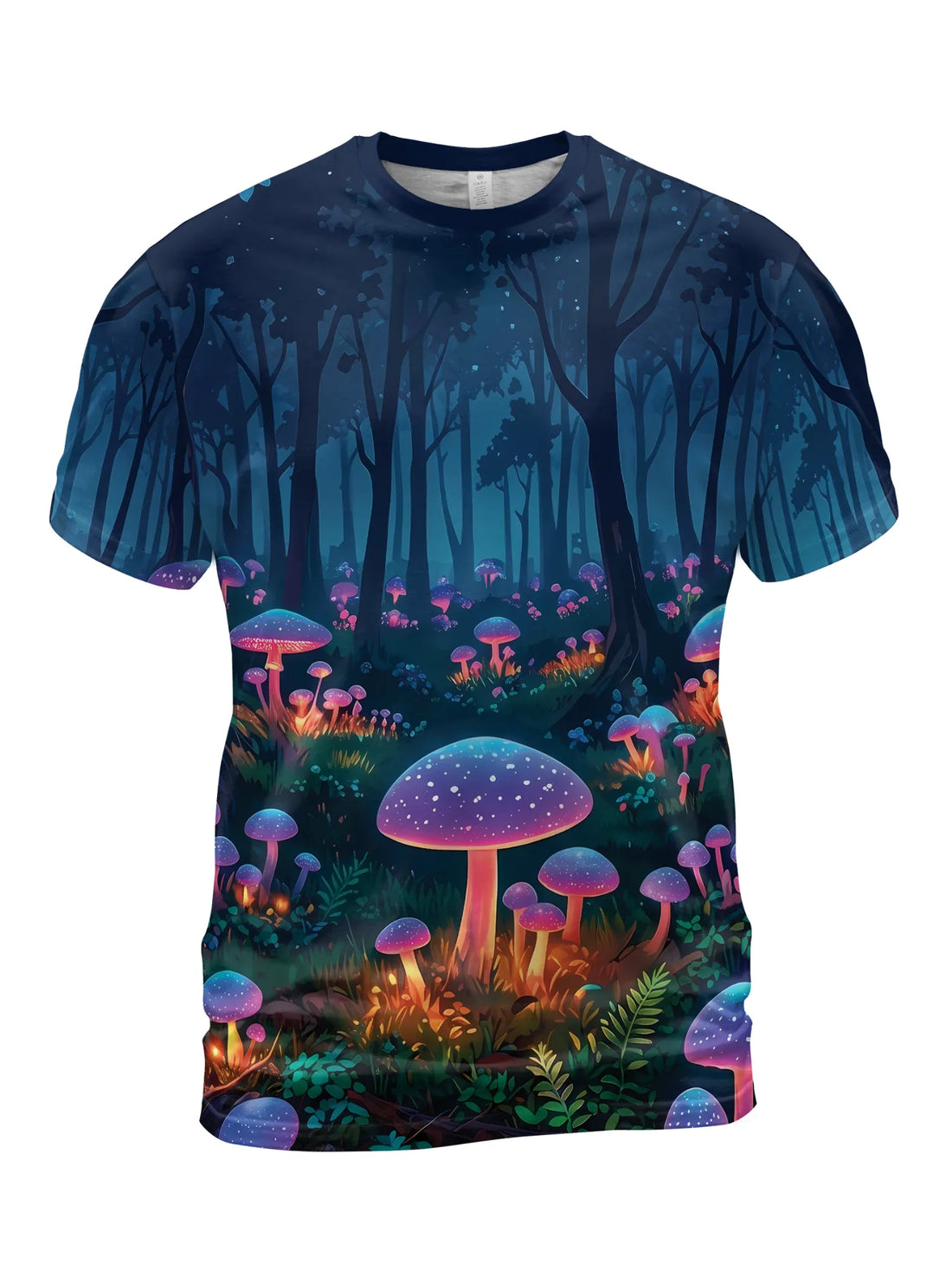 Front view of a fade-proof trippy mushroom t-shirt for men's rave outfits, featuring a vibrant all-over print of glowing neon fungi in a dark psychedelic forest