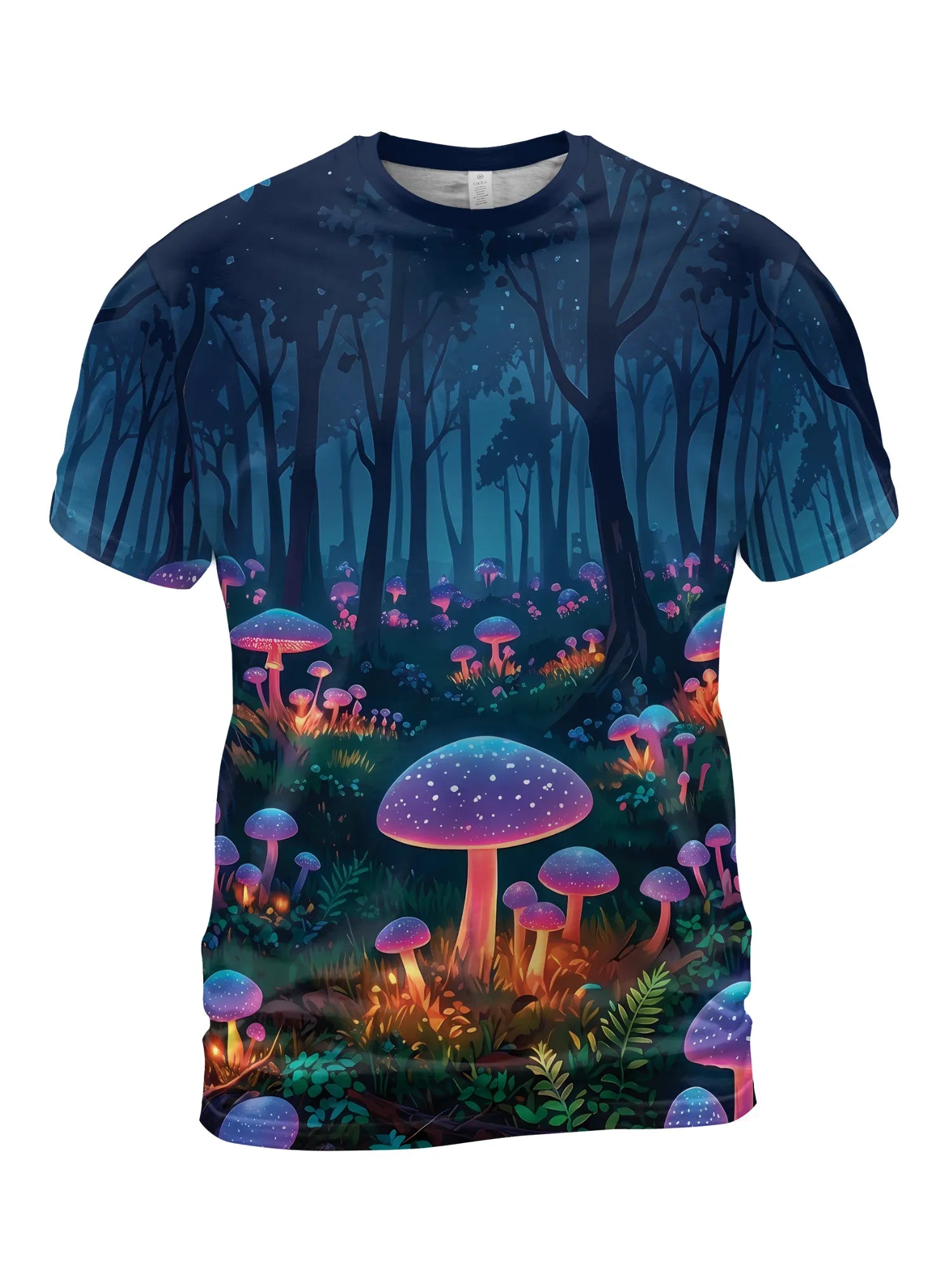 Front view of a fade-proof trippy mushroom t-shirt for men's rave outfits, featuring a vibrant all-over print of glowing neon fungi in a dark psychedelic forest