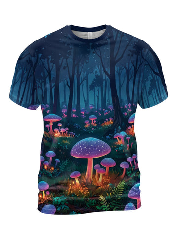 Front view of a fade-proof trippy mushroom t-shirt for men's rave outfits, featuring a vibrant all-over print of glowing neon fungi in a dark psychedelic forest