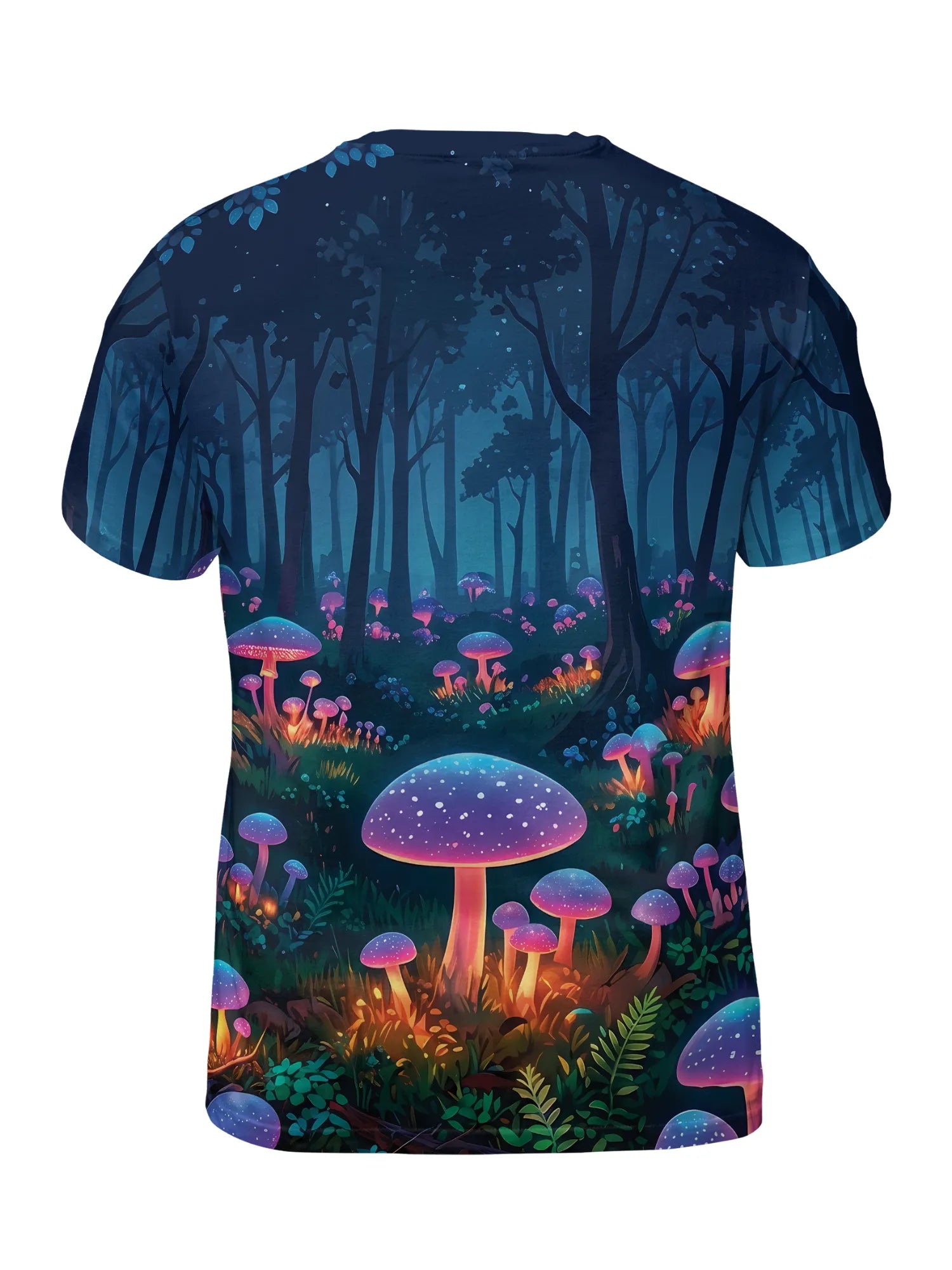 Back view of a fade-proof trippy mushroom t-shirt for men's rave outfits, featuring a vibrant all-over print of glowing neon fungi in a dark psychedelic forest
