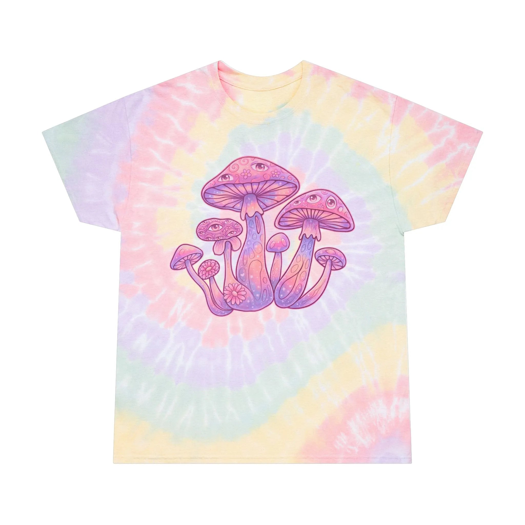 Front view of T Shirt Rave Trippy Tie-Dye Cotton Mushroom Festival Top featuring a psychedelic mushroom graphic