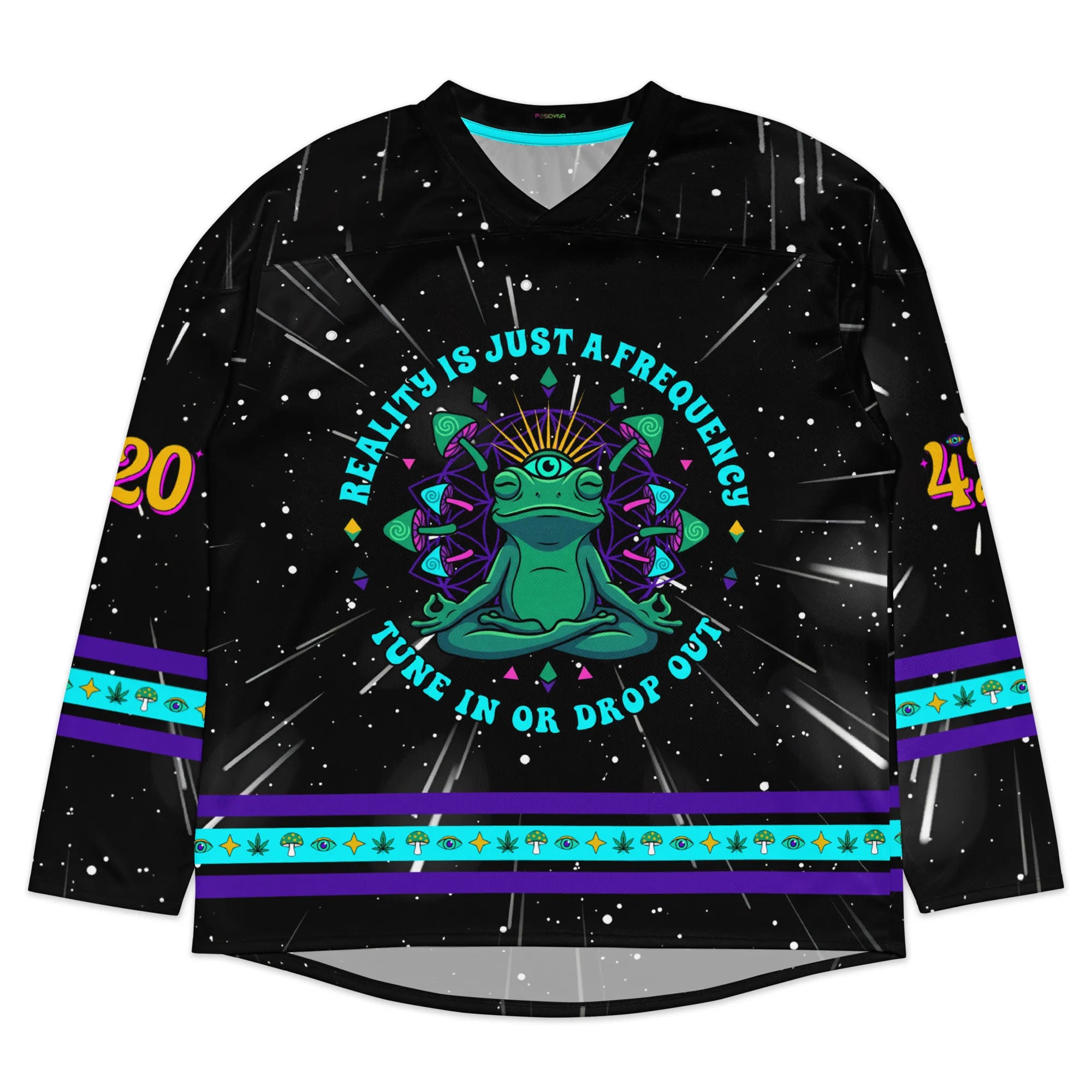 Front design of the black Trippy 420 Frog Rave Hockey Jersey, featuring a neon green meditating alien frog, psychedelic mushrooms, and purple festival stripes.