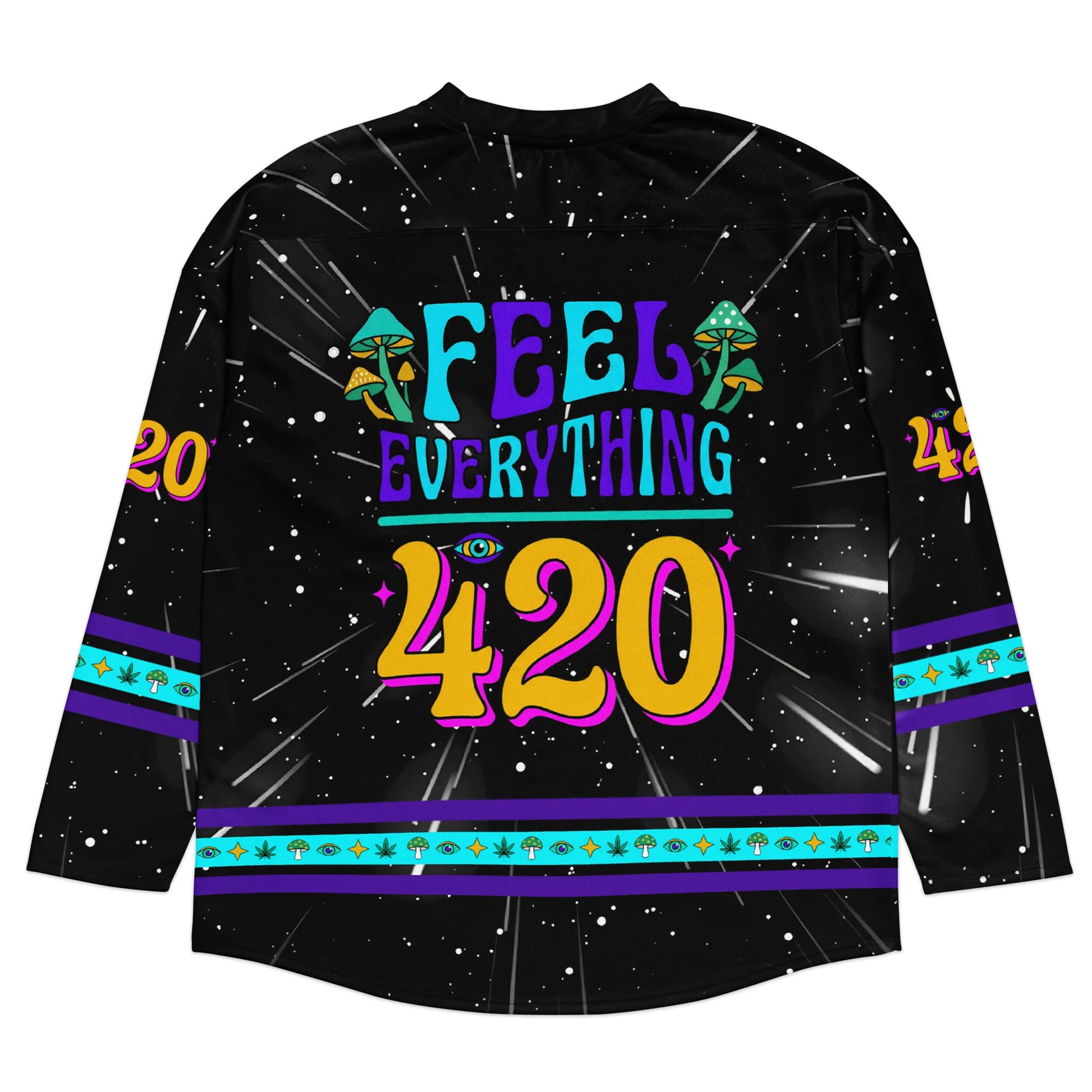 Back graphic of the breathable festival fit rave hockey jersey, highlighting the bold neon Feel Everything 420 text and trippy space galaxy background.