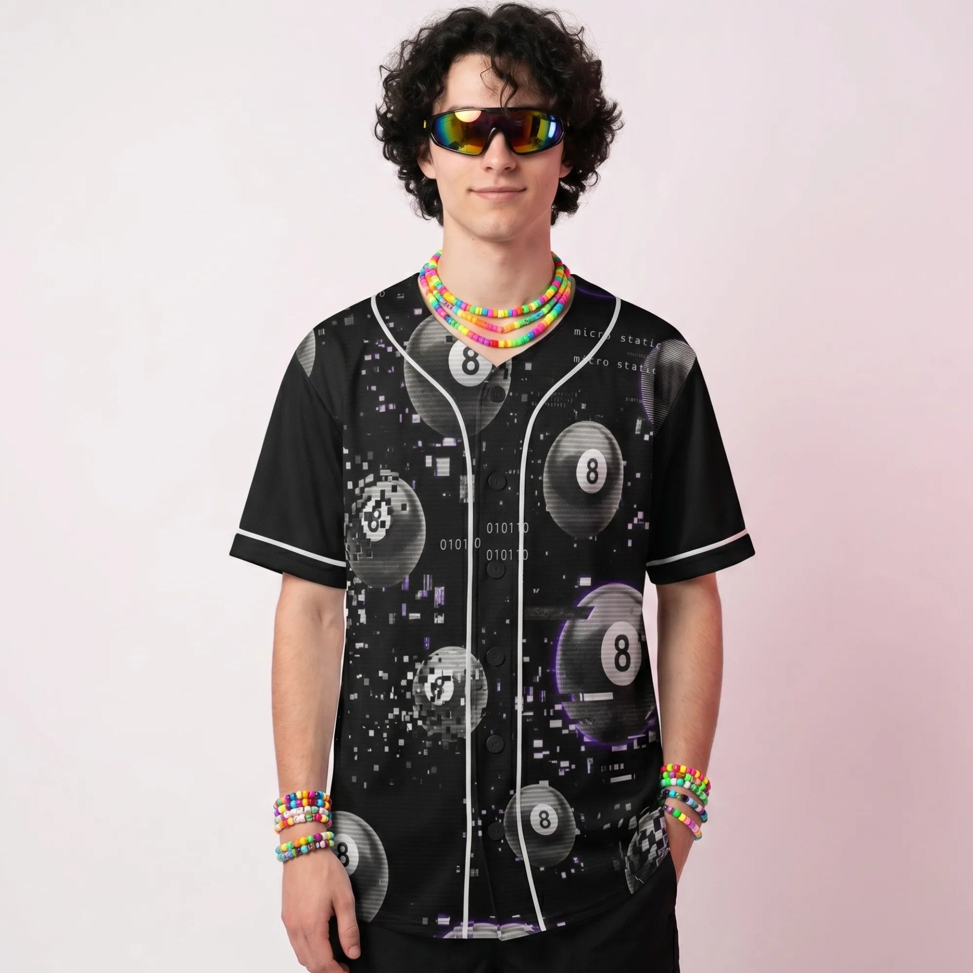 A male model wearing the Trippy 8-Ball Rave Baseball Jersey Breathable Mesh EDM Outfit, styled with iridescent sunglasses and colorful kandi jewelry for a complete festival look.