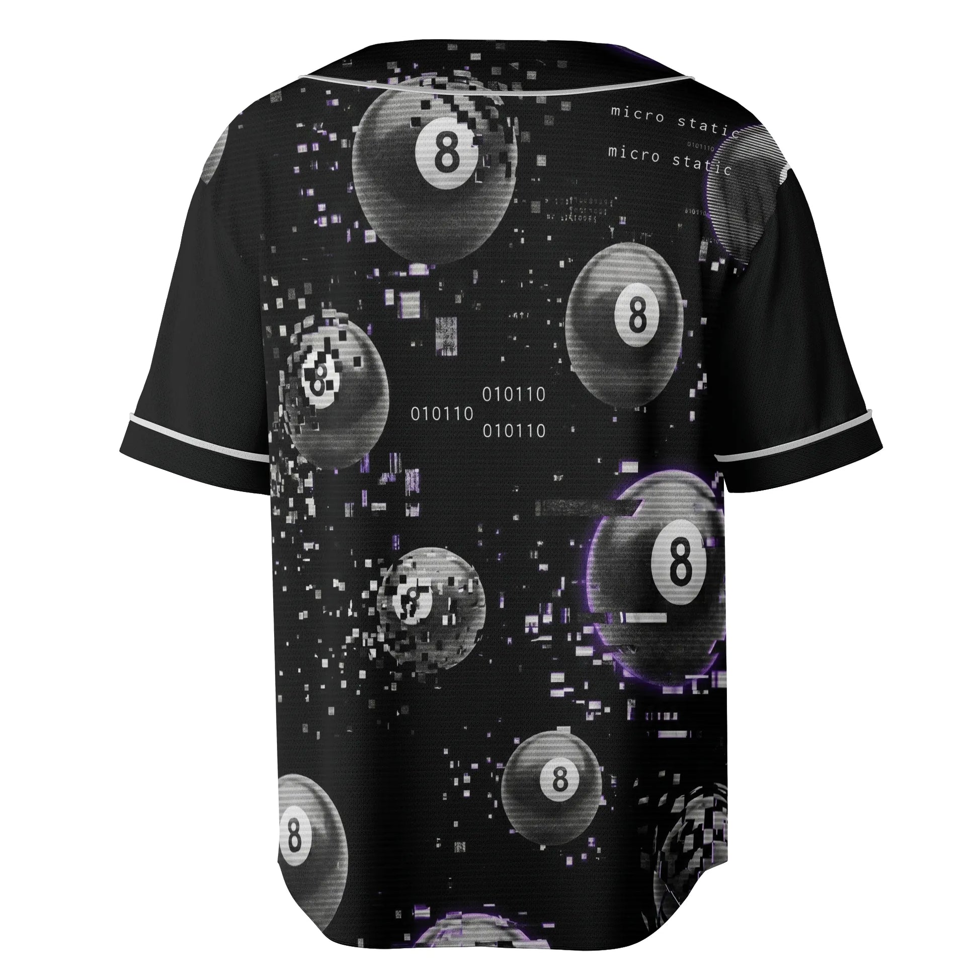 Back view of the Trippy 8-Ball Rave Baseball Jersey Breathable Mesh EDM Outfit, showcasing the all-over sublimated print with floating 8-balls, purple static accents, and micro static text.
