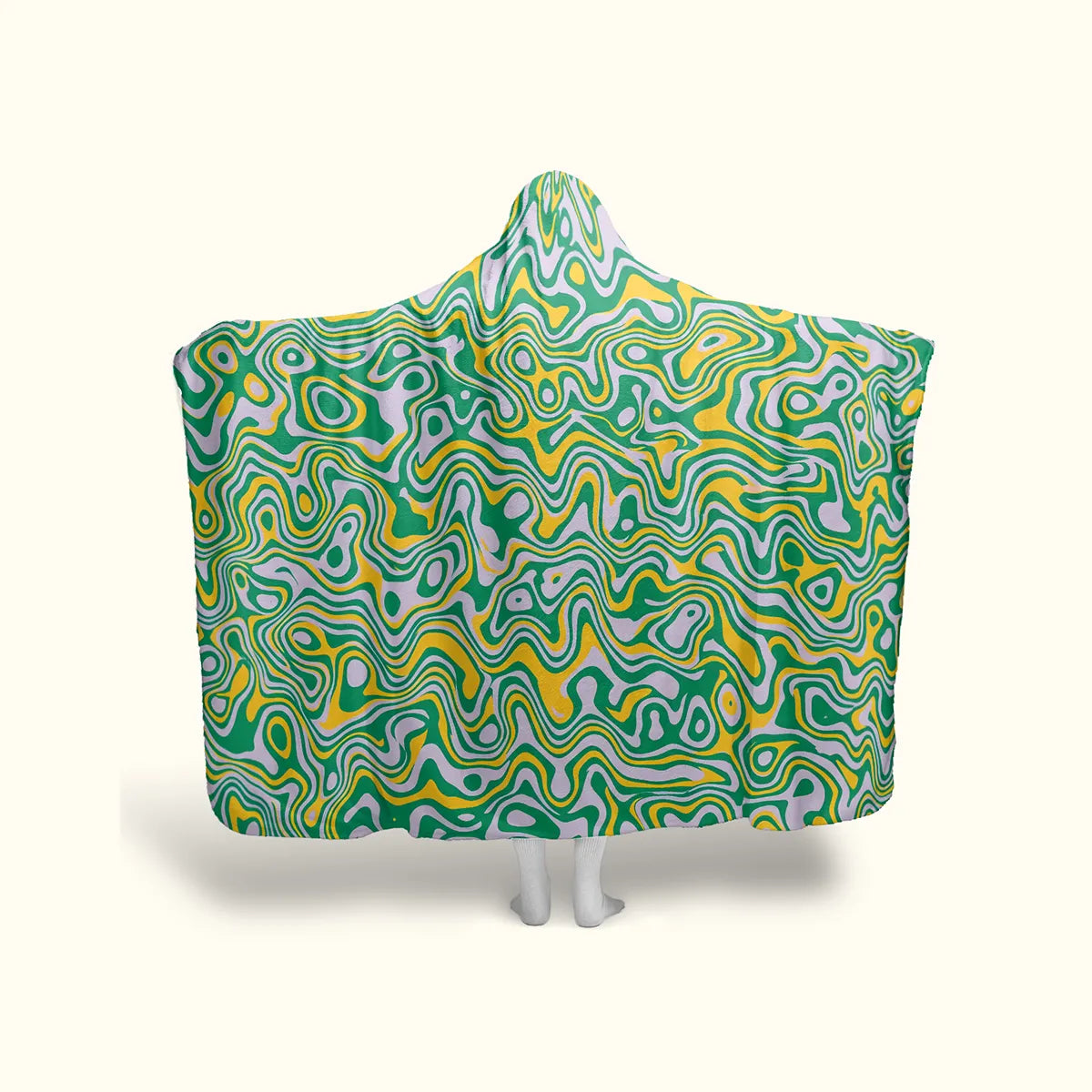 Full back view of the Trippy Green Hooded Blanket showcasing a psychedelic wavy liquid marble pattern in emerald, yellow, and lavender.
